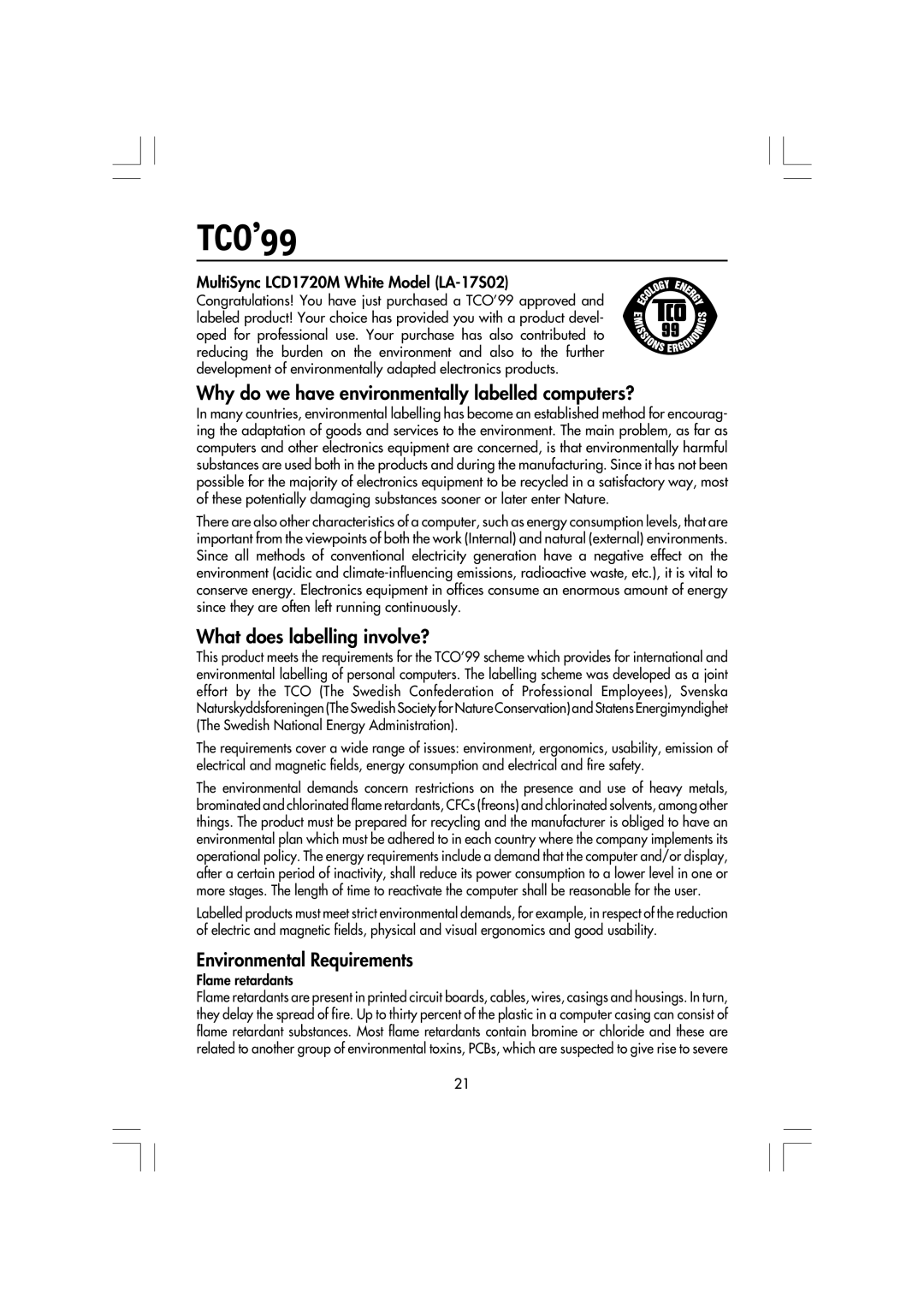 Mitsubishi Electronics manual TCO’99, MultiSync LCD1720M White Model LA-17S02 