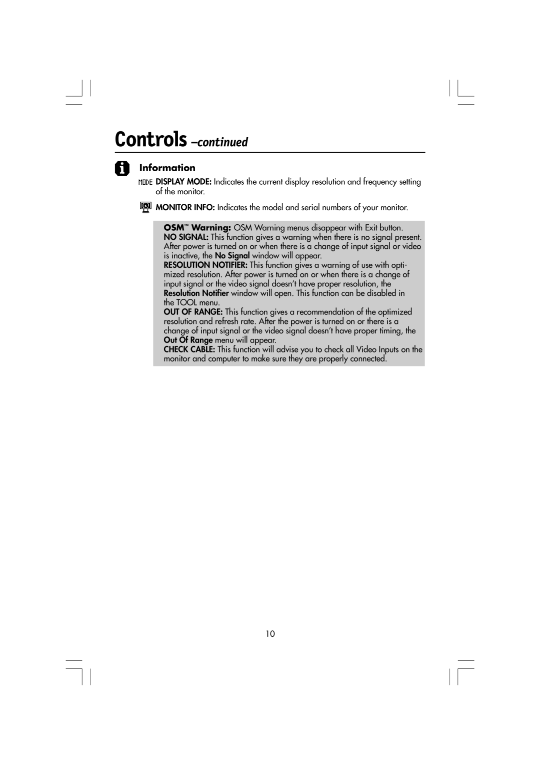 Mitsubishi Electronics LCD1720M manual Controls -continued, Information 