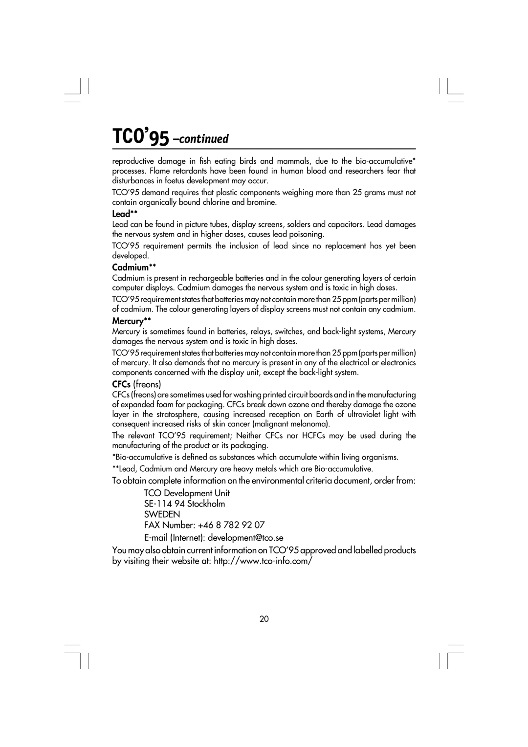 Mitsubishi Electronics LCD1720M manual TCO’95 -continued, Lead, Cadmium, Mercury, CFCs freons 