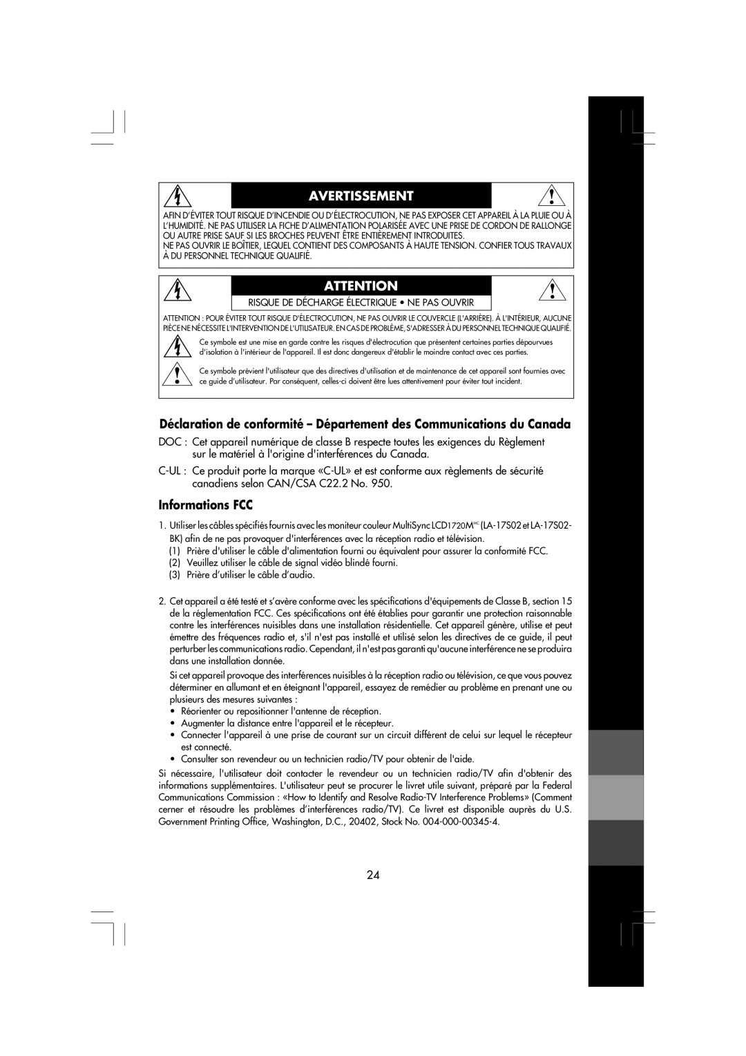 Mitsubishi Electronics LCD1720M manual Avertissement, Déclaration de conformité - Département des Communications du Canada 