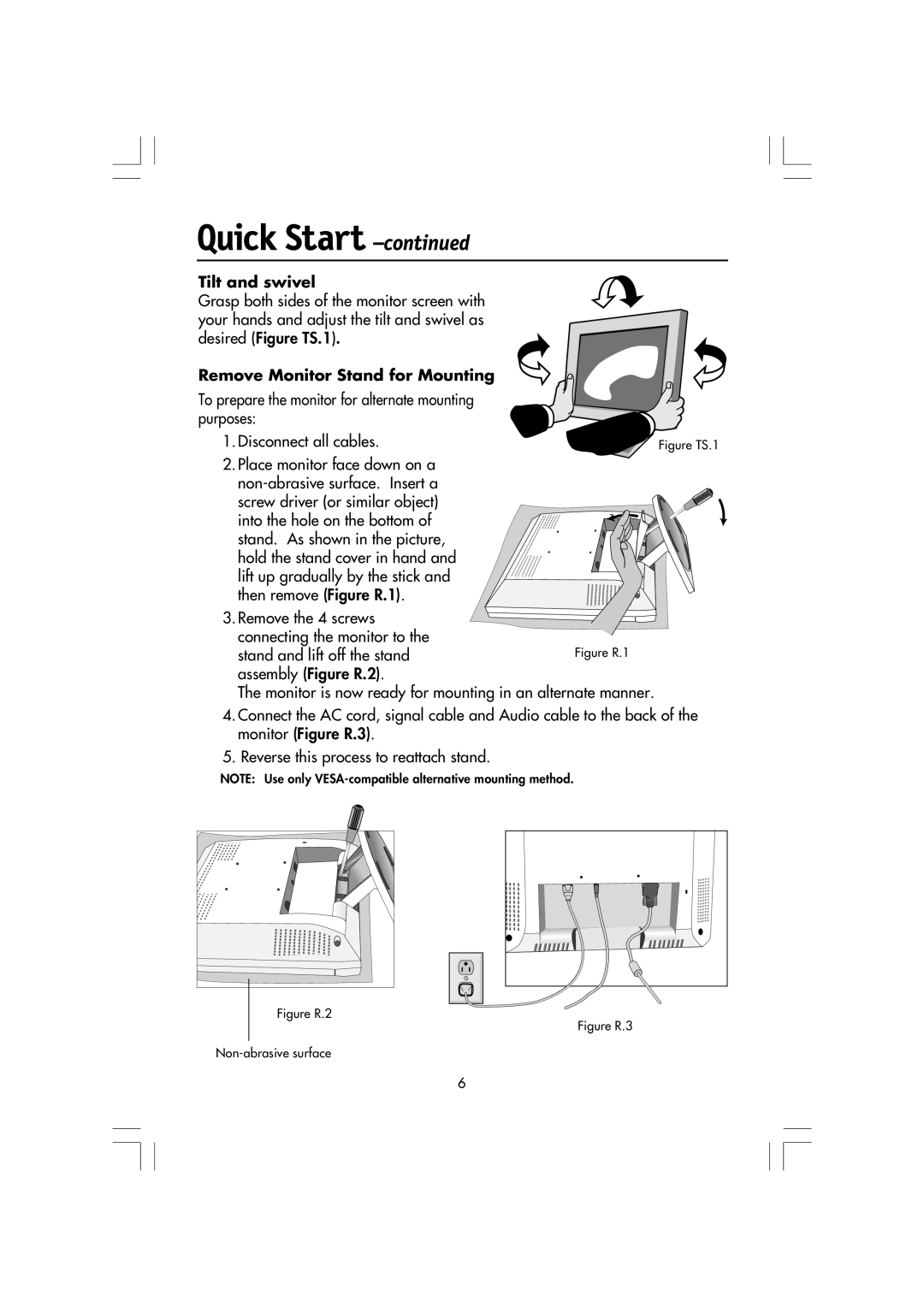 Mitsubishi Electronics LCD1720M manual Quick Start -continued, Tilt and swivel, Remove Monitor Stand for Mounting 