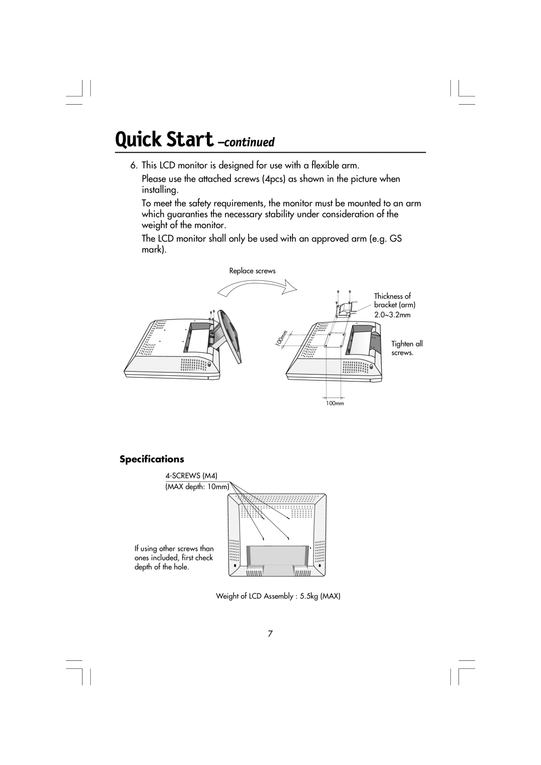 Mitsubishi Electronics LCD1720M manual Quick Start -continued, Specifications 