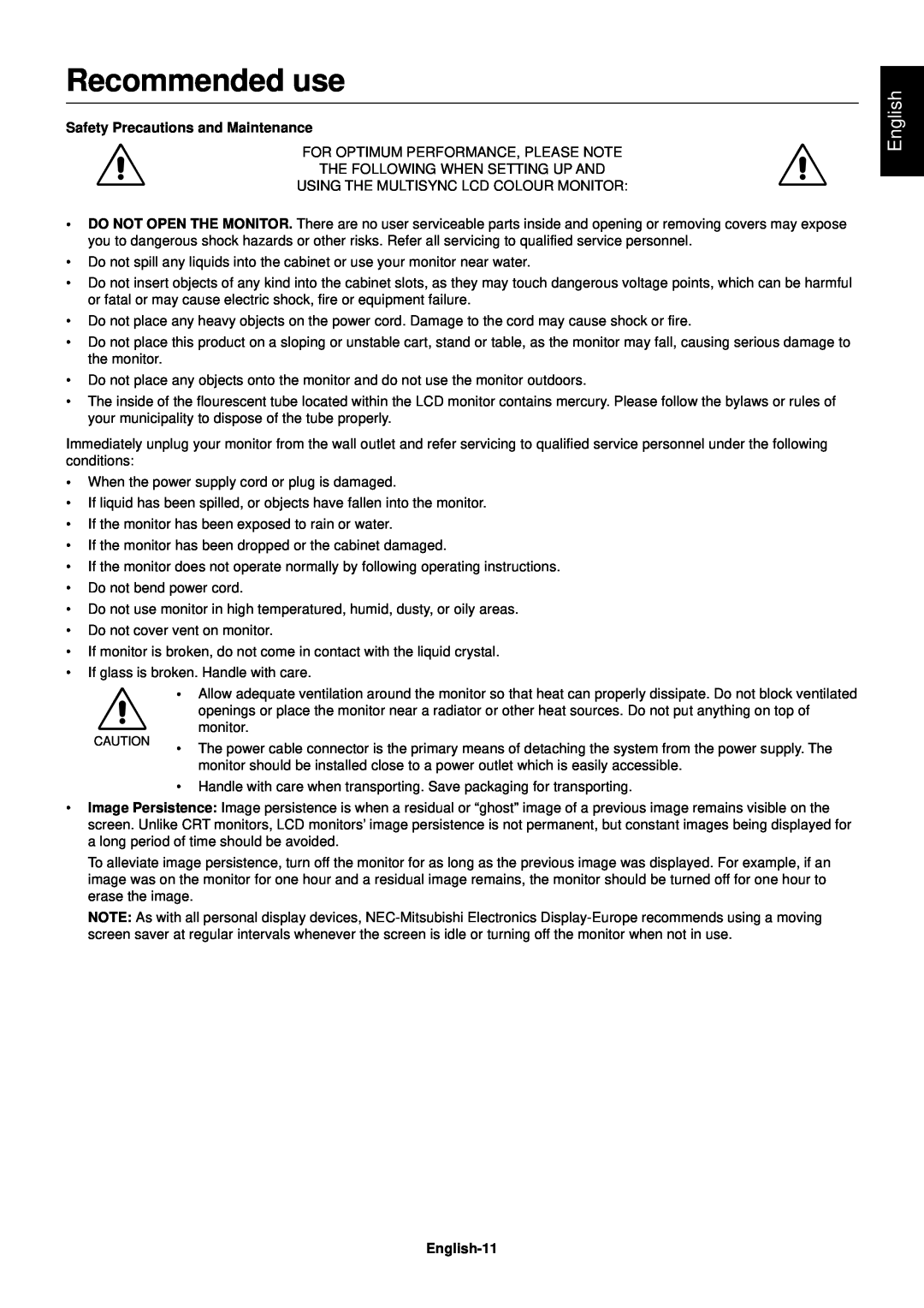 Mitsubishi Electronics LCD1760VM user manual Recommended use, Safety Precautions and Maintenance, English-11 