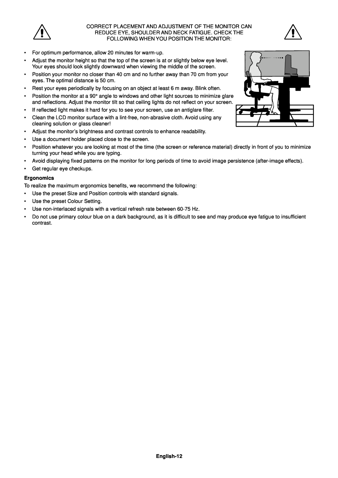 Mitsubishi Electronics LCD1760VM user manual Ergonomics, English-12 