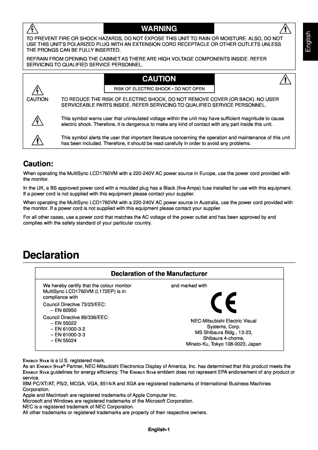 Mitsubishi Electronics LCD1760VM user manual English, Declaration of the Manufacturer 