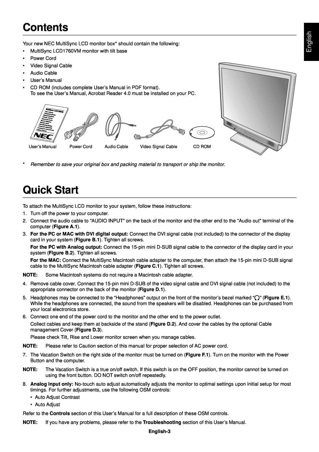Mitsubishi Electronics LCD1760VM user manual Contents, Quick Start, English-3 