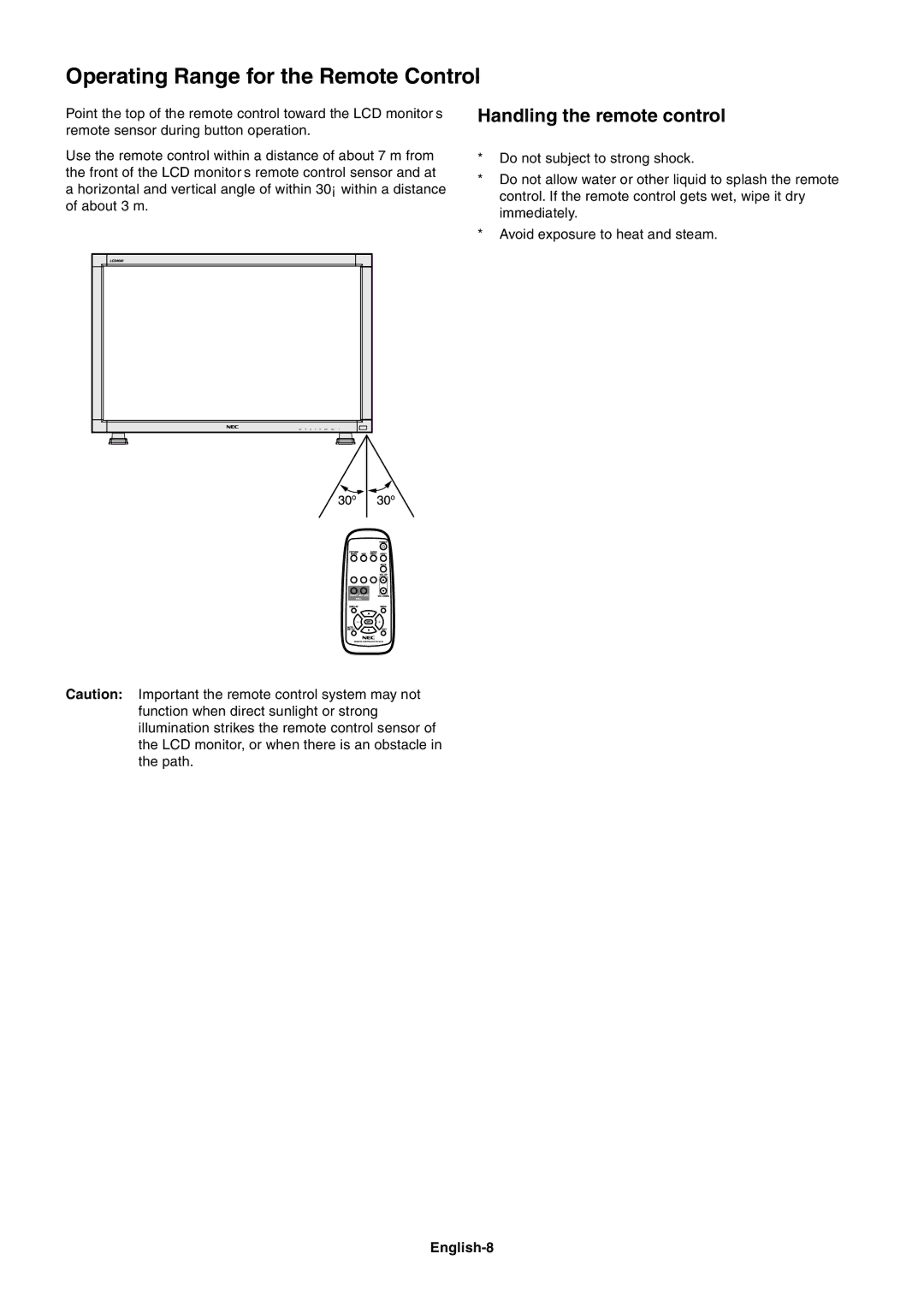 Mitsubishi Electronics LCD4000 user manual Operating Range for the Remote Control, Handling the remote control, English-8 