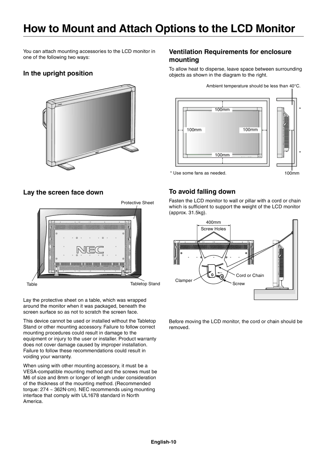 Mitsubishi Electronics LCD4000 How to Mount and Attach Options to the LCD Monitor, To avoid falling down, English-10 