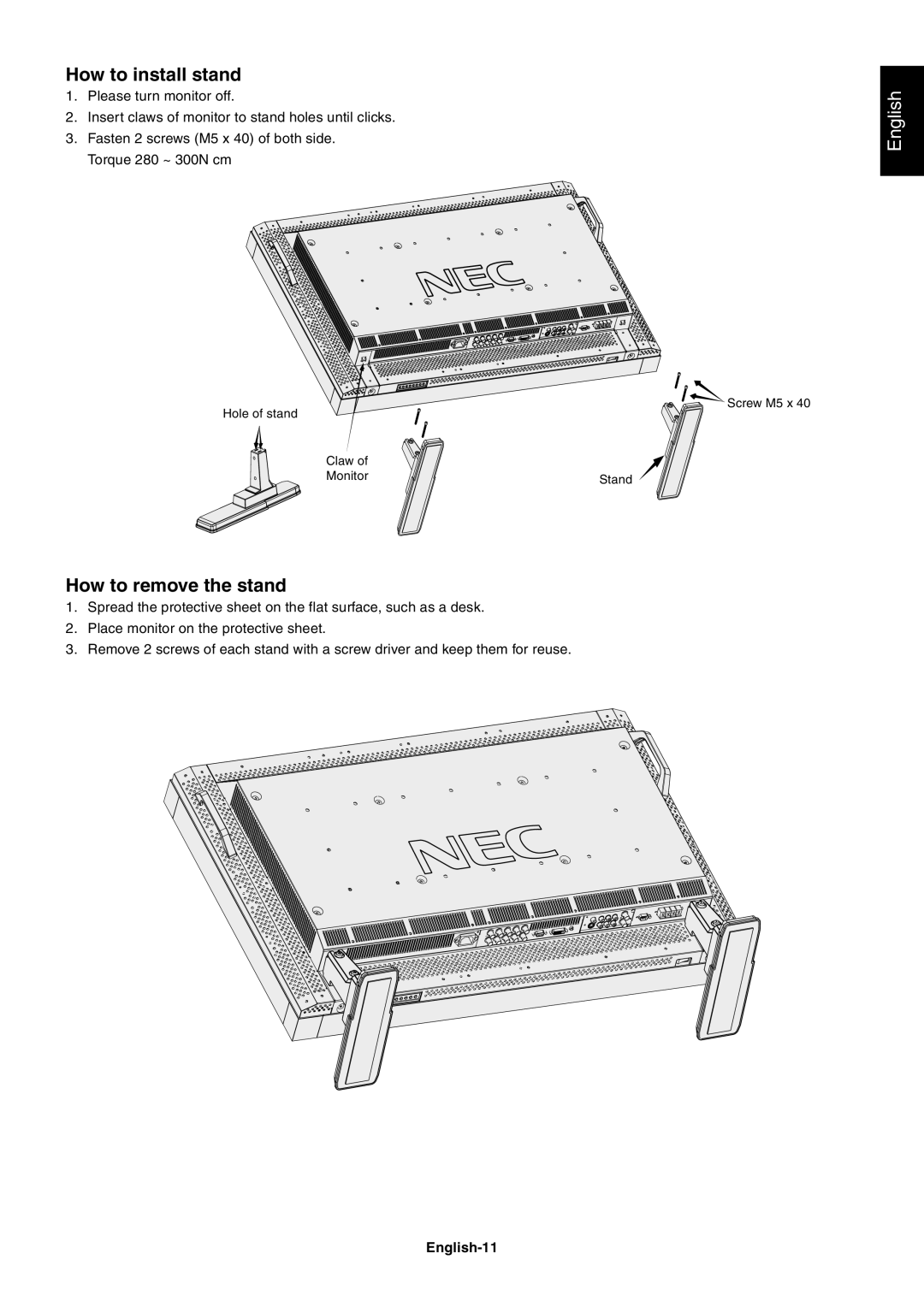 Mitsubishi Electronics LCD4000 user manual How to install stand, How to remove the stand, English-11 