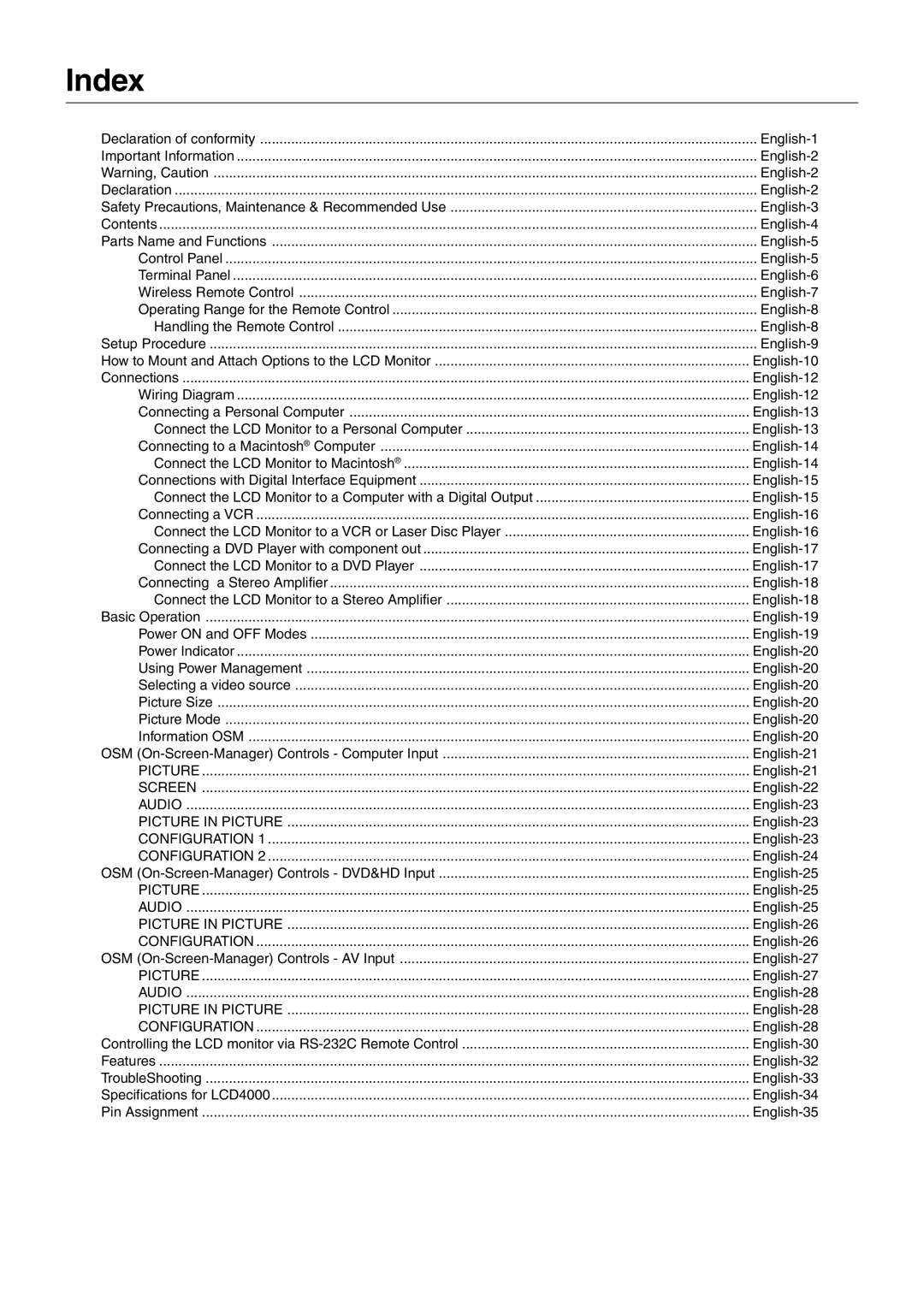 Mitsubishi Electronics LCD4000 user manual Index 