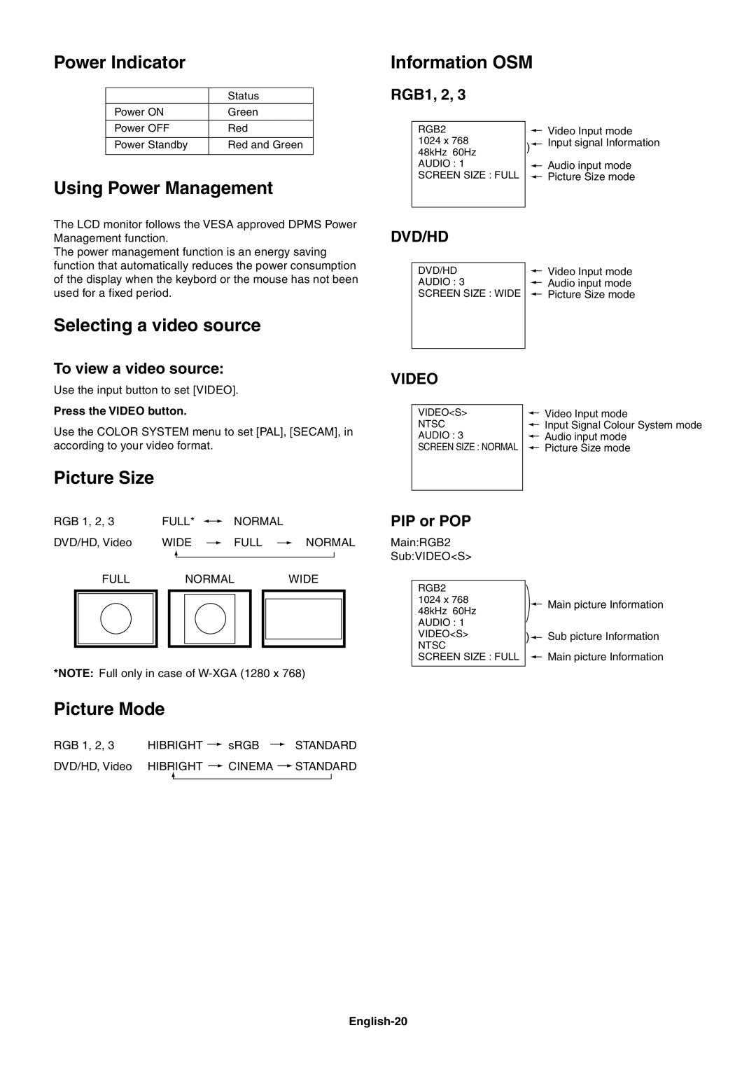 Mitsubishi Electronics LCD4000 user manual Power Indicator, Using Power Management, Selecting a video source, Picture Mode 