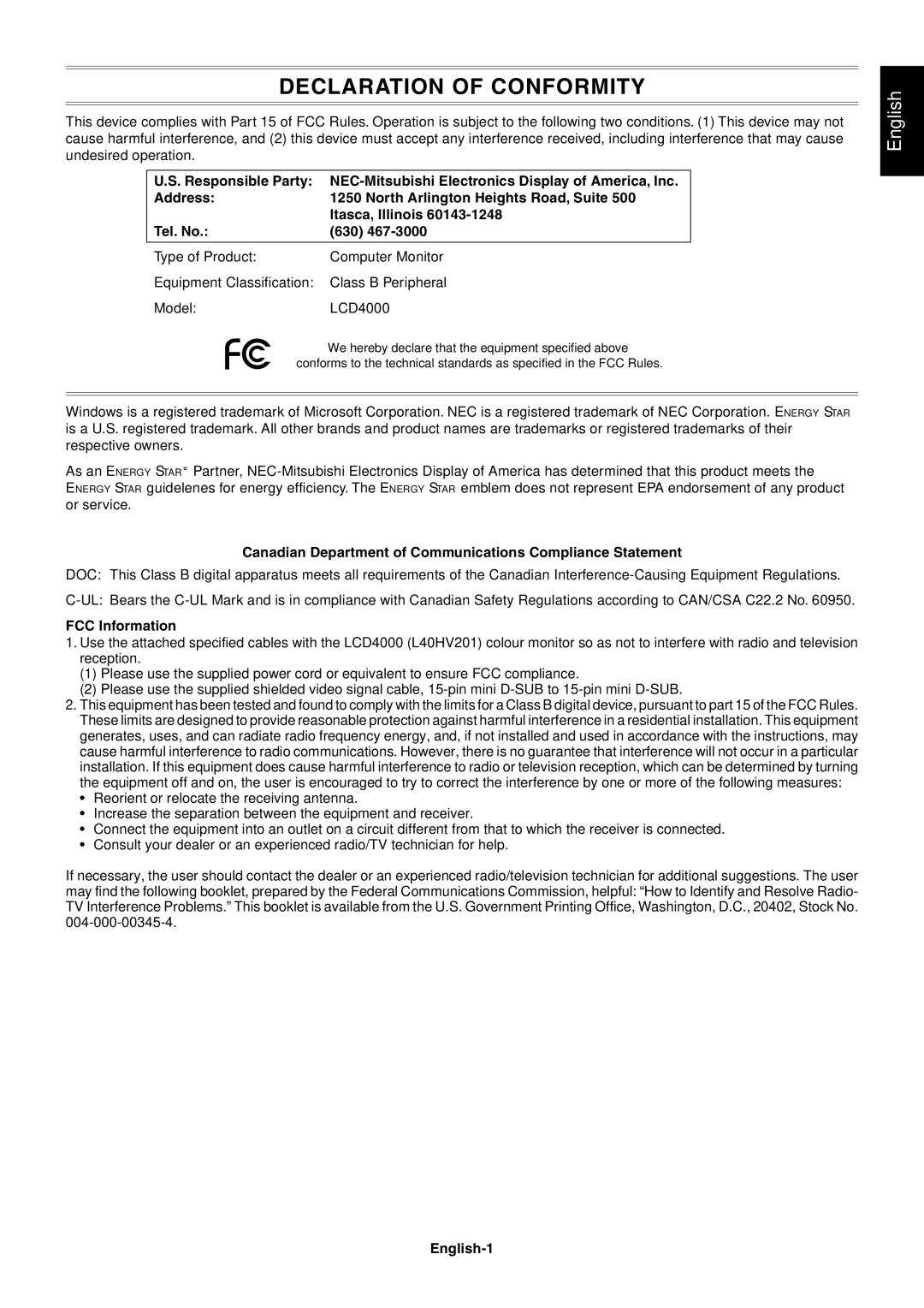 Mitsubishi Electronics LCD4000 Canadian Department of Communications Compliance Statement, FCC Information, English-1 