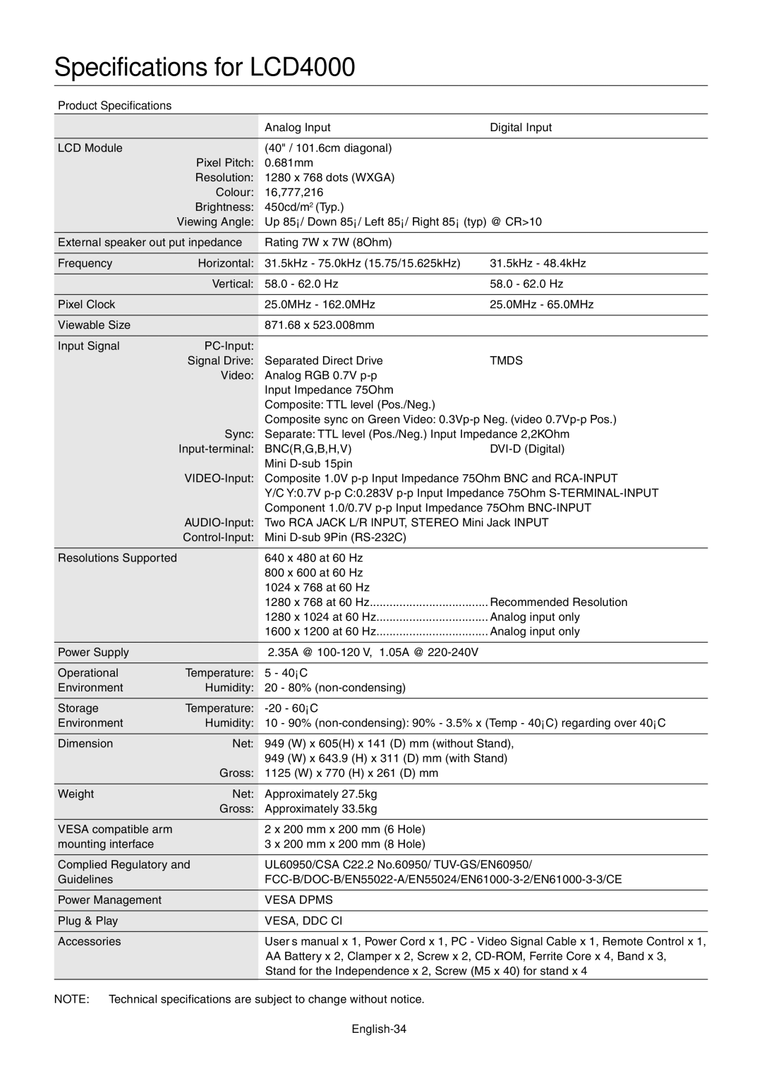 Mitsubishi Electronics user manual Specifications for LCD4000, Product Specifications, English-34 