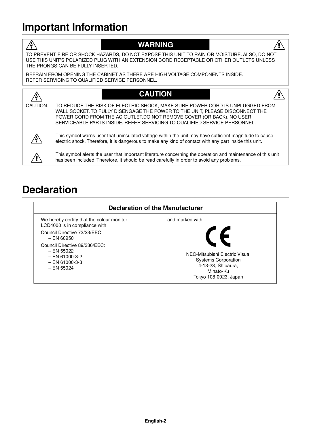 Mitsubishi Electronics LCD4000 user manual Important Information, Declaration of the Manufacturer, English-2 