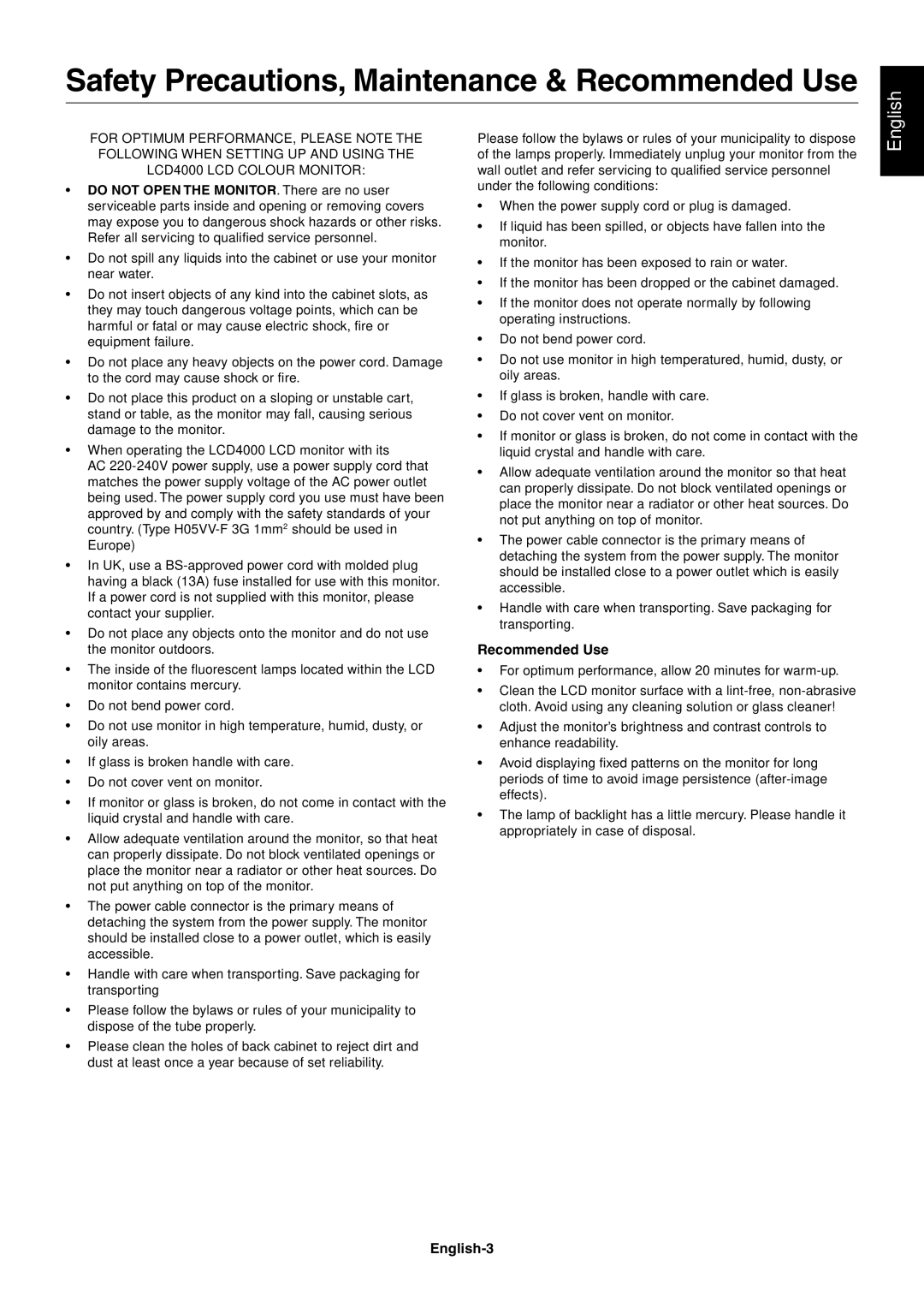 Mitsubishi Electronics LCD4000 user manual Safety Precautions, Maintenance & Recommended Use, English-3 