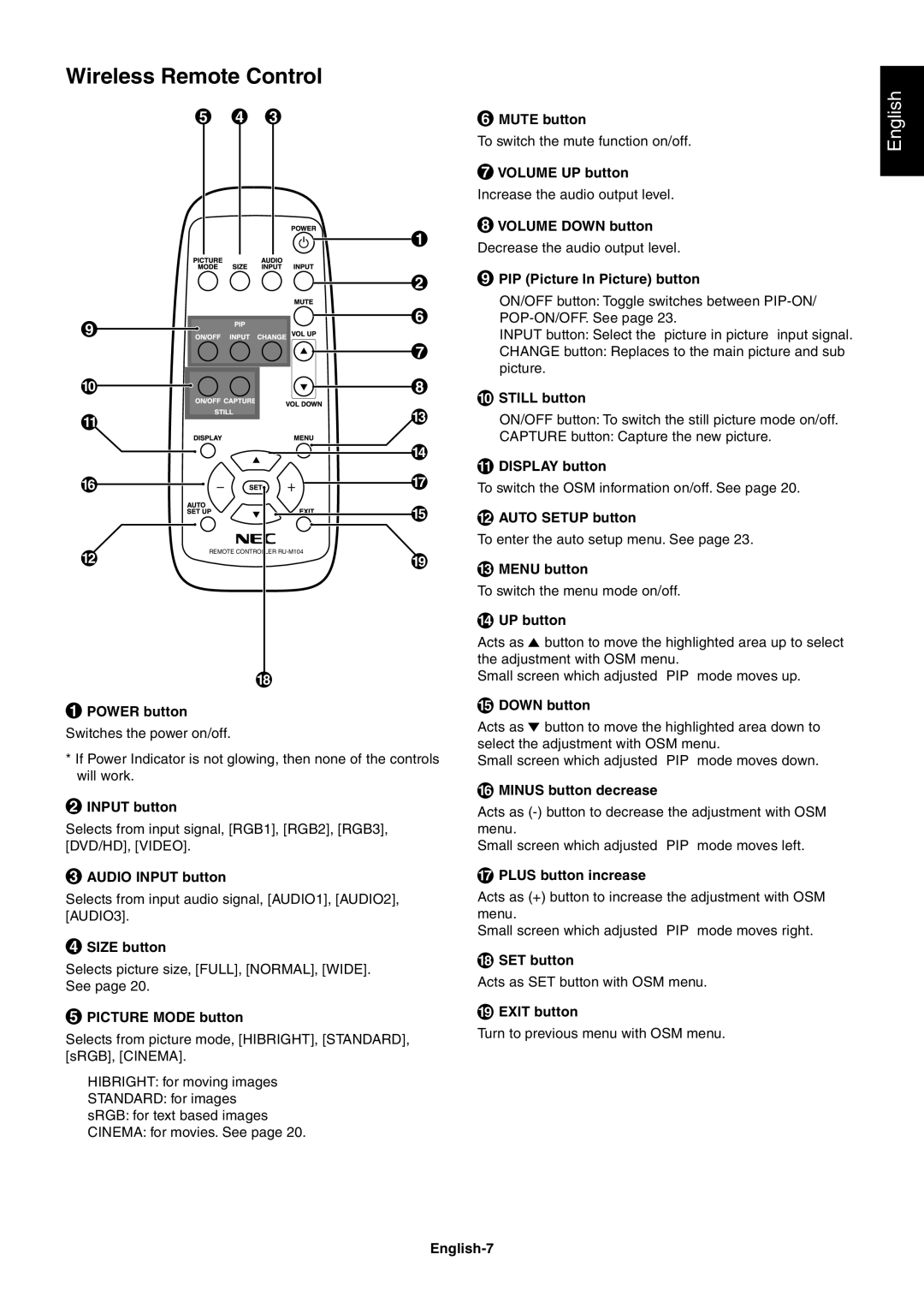 Mitsubishi Electronics LCD4000 user manual Wireless Remote Control 