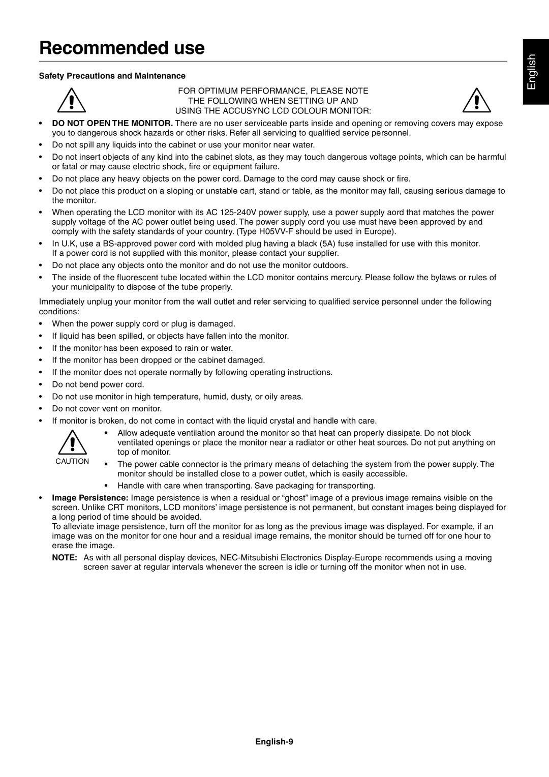 Mitsubishi Electronics LCD71VM, LCD51VM, LCD51VM, LCD71VM Recommended use, Safety Precautions and Maintenance, English-9 