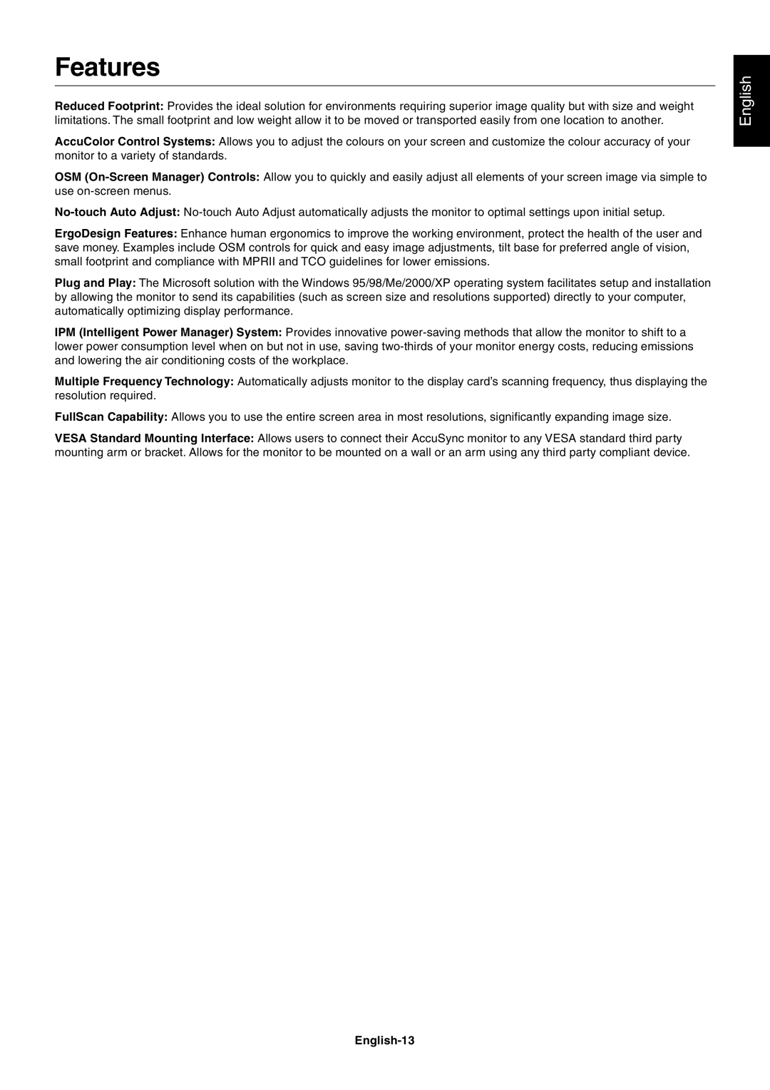 Mitsubishi Electronics LCD71VM, LCD51VM, LCD51VM, LCD71VM user manual Features, English-13 