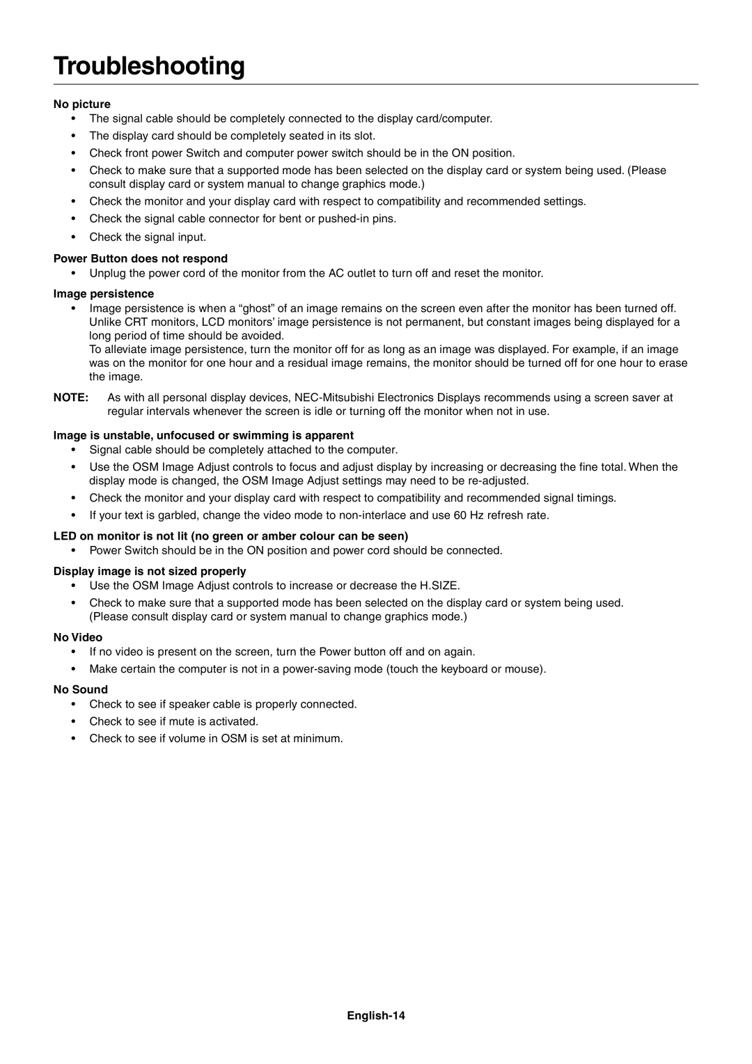 Mitsubishi Electronics LCD51VM, LCD71VM, LCD71VM, LCD51VM user manual Troubleshooting 