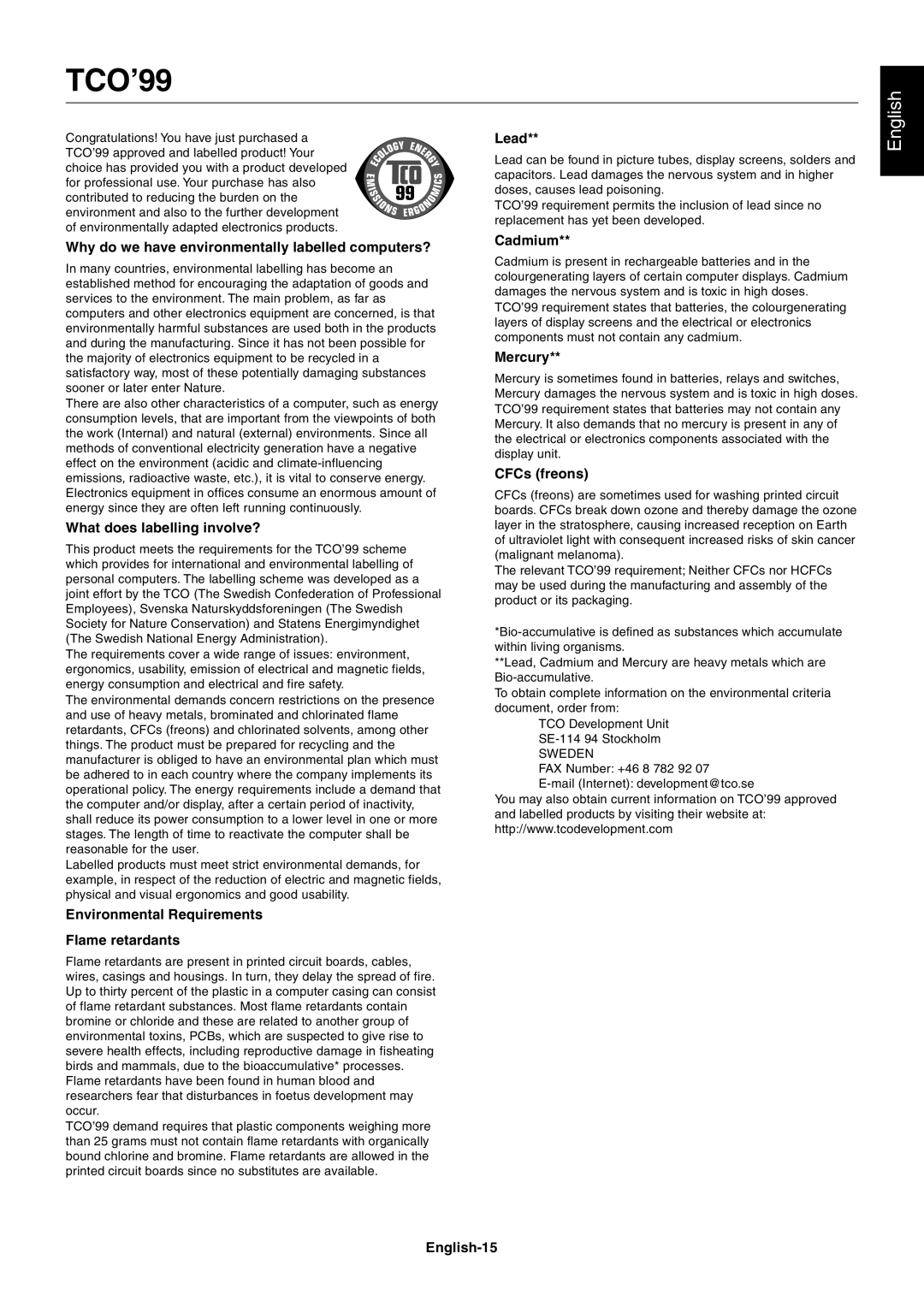 Mitsubishi Electronics LCD71VM, LCD51VM, LCD51VM, LCD71VM user manual TCO’99 