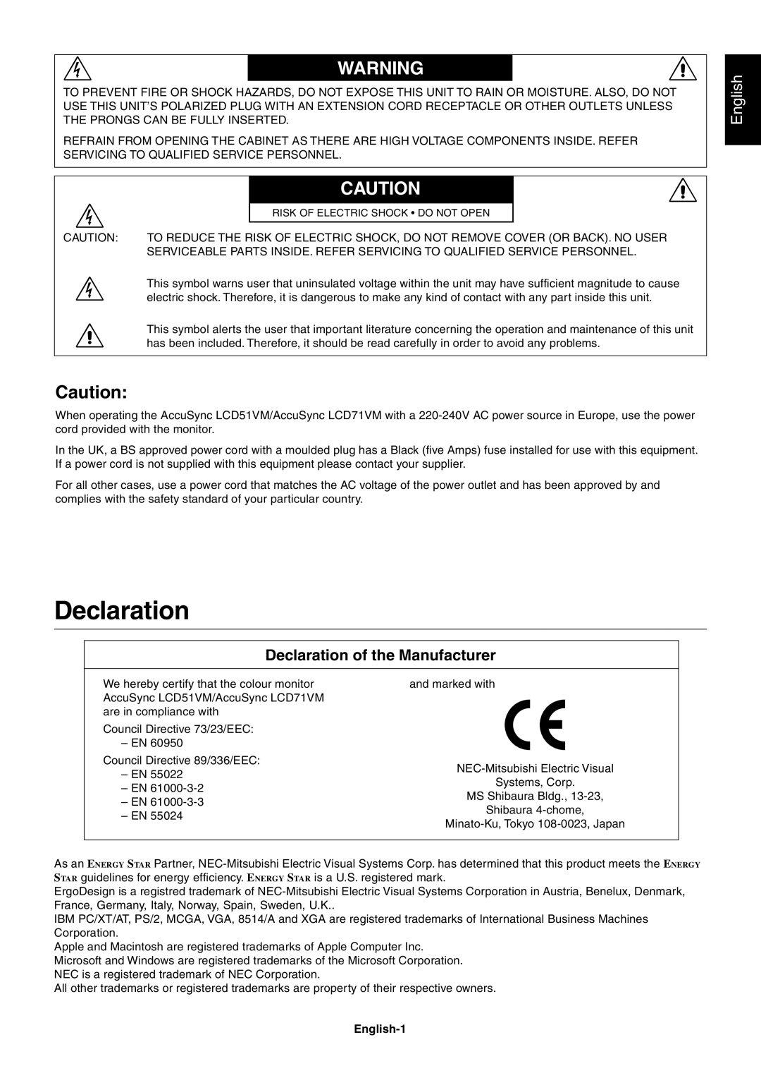 Mitsubishi Electronics LCD71VM, LCD51VM, LCD51VM, LCD71VM user manual Declaration, English-1 