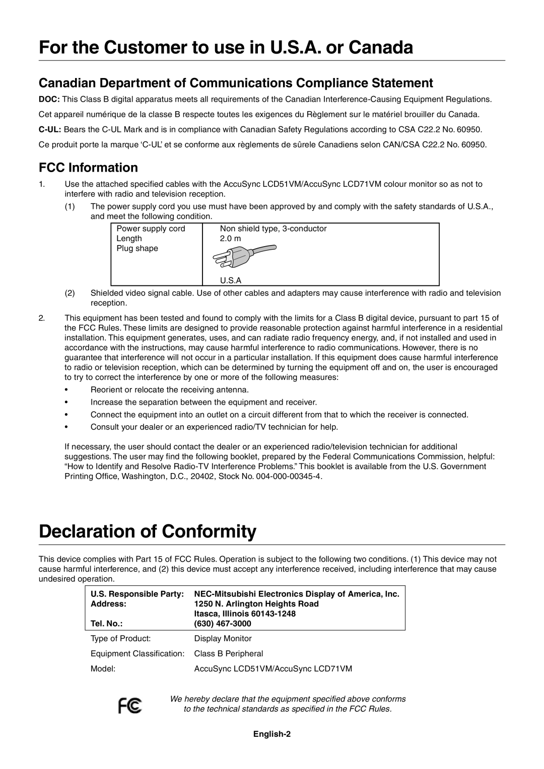 Mitsubishi Electronics LCD51VM, LCD71VM For the Customer to use in U.S.A. or Canada, Declaration of Conformity, English-2 