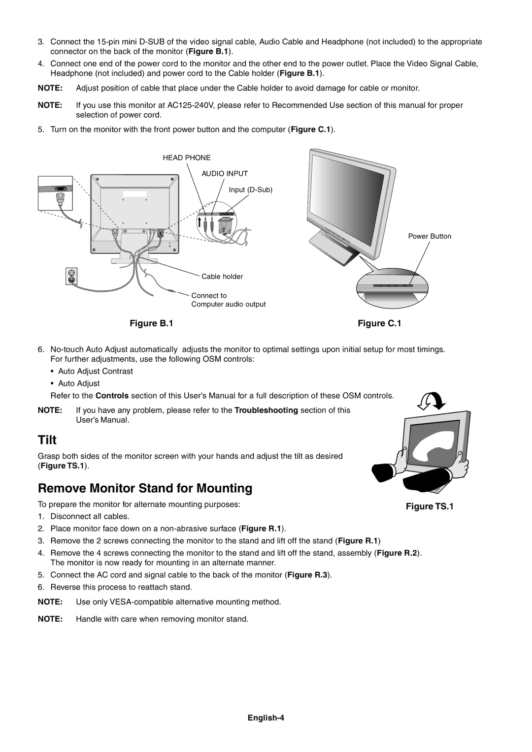 Mitsubishi Electronics LCD51VM, LCD71VM, LCD71VM, LCD51VM user manual Tilt, Remove Monitor Stand for Mounting, English-4 