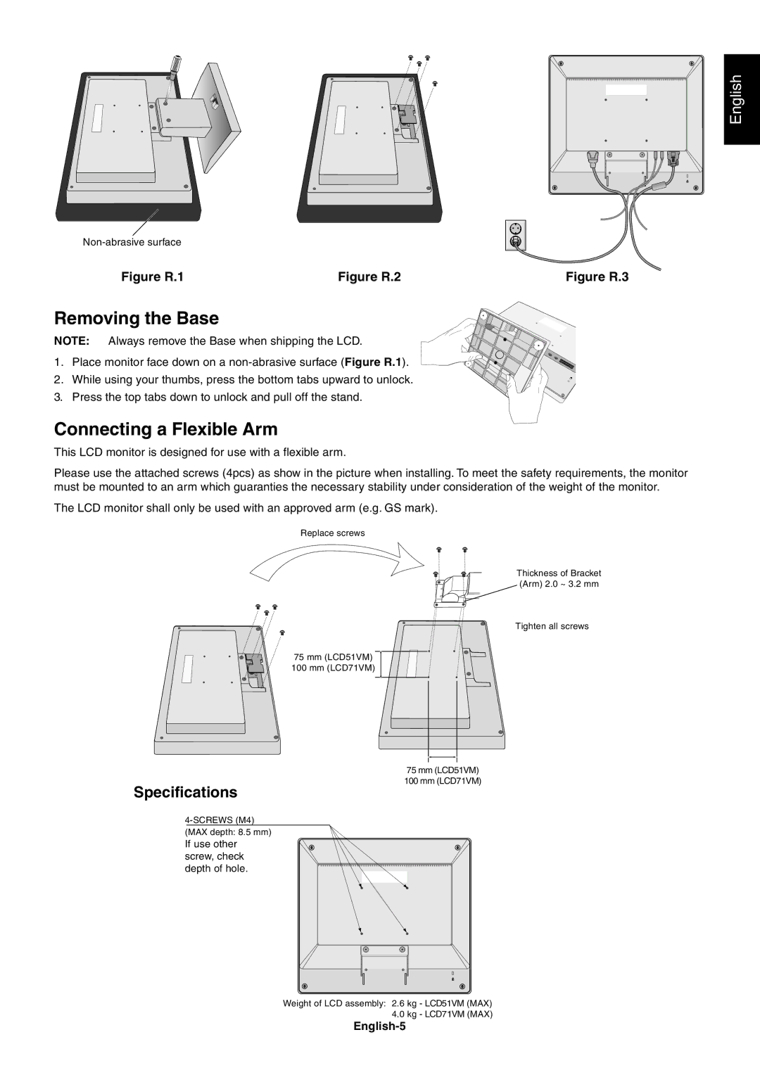 Mitsubishi Electronics LCD71VM, LCD51VM, LCD51VM, LCD71VM Removing the Base, Connecting a Flexible Arm, English-5 