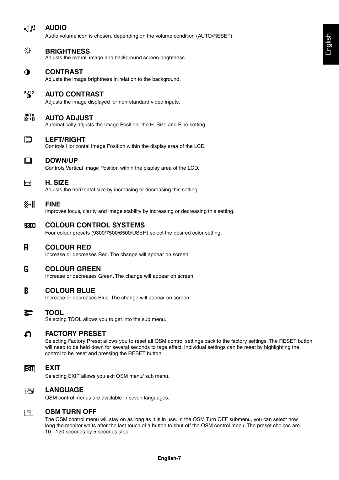 Mitsubishi Electronics LCD71VM, LCD51VM, LCD51VM, LCD71VM user manual Factory Preset, English-7 