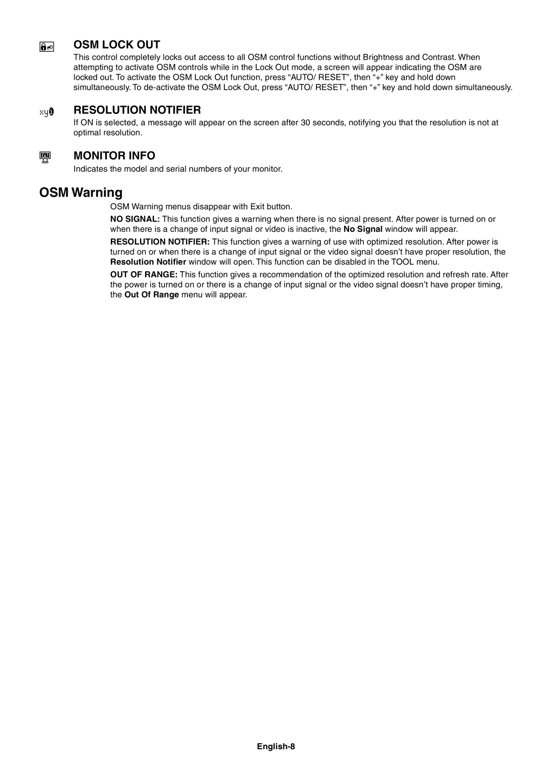 Mitsubishi Electronics LCD51VM, LCD71VM, LCD71VM, LCD51VM user manual OSM Warning, English-8 