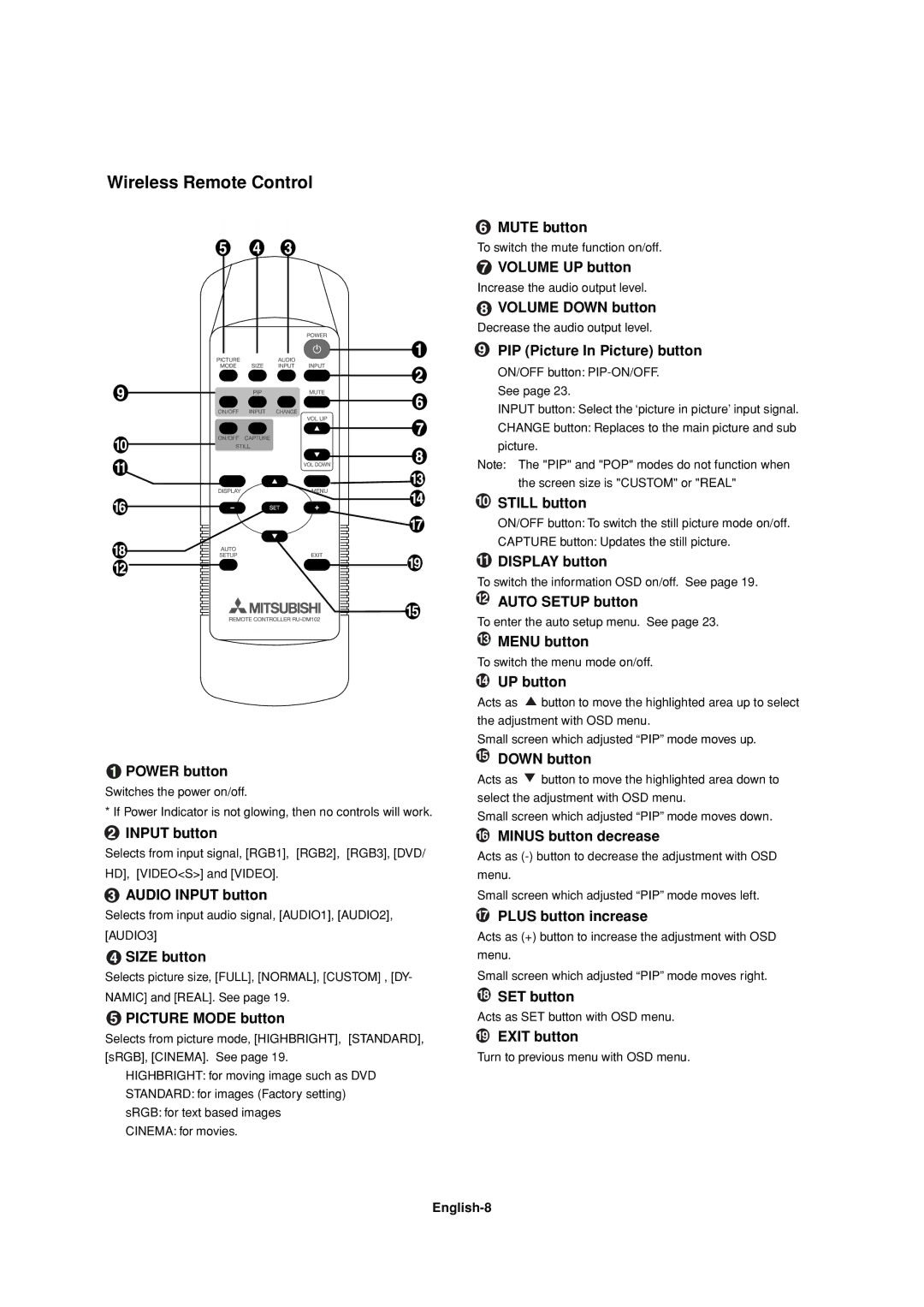 Mitsubishi Electronics LDT37IV, LDT32IV manual Wireless Remote Control, English-8 