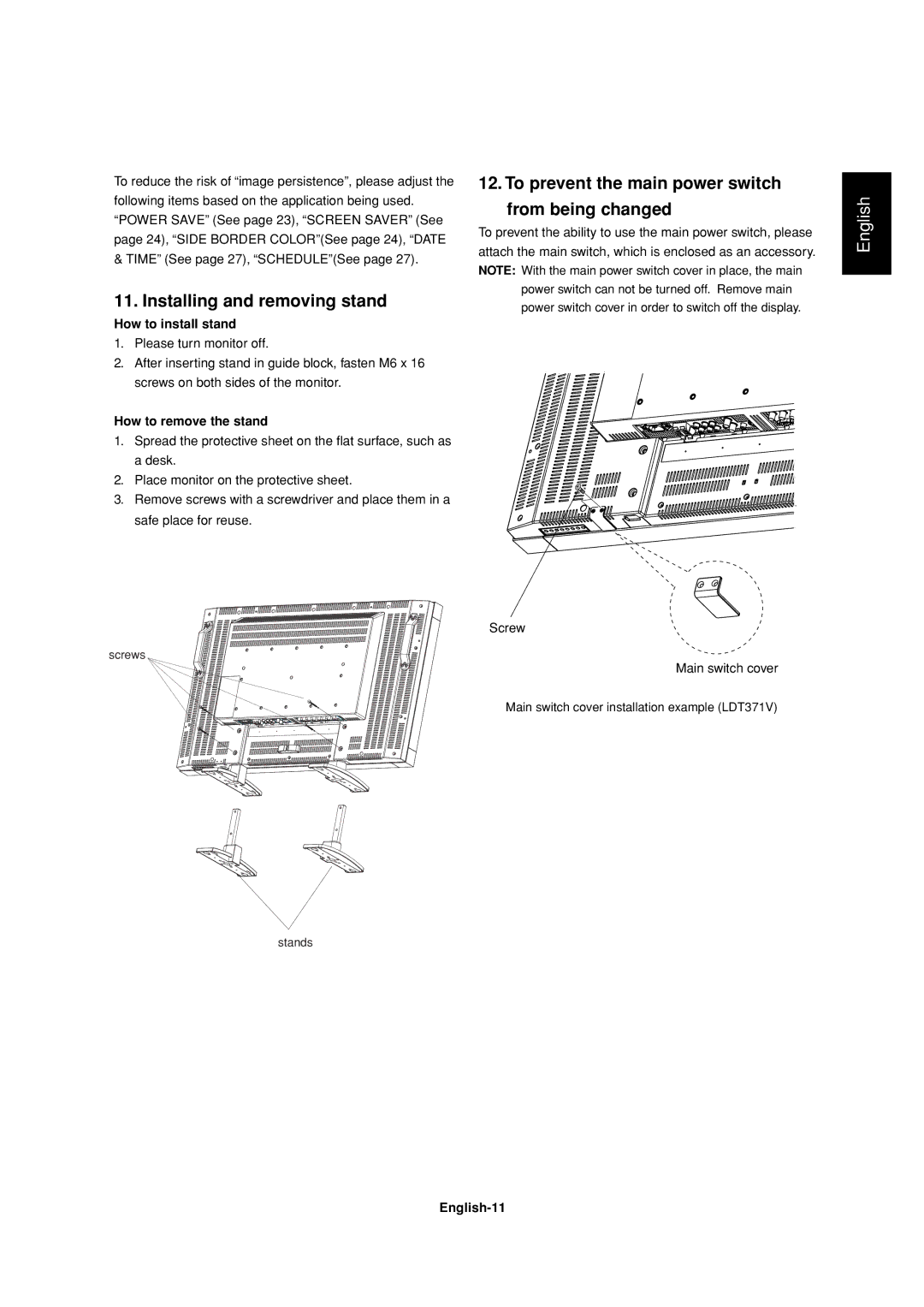 Mitsubishi Electronics LDT32IV, LDT37IV Installing and removing stand, To prevent the main power switch From being changed 