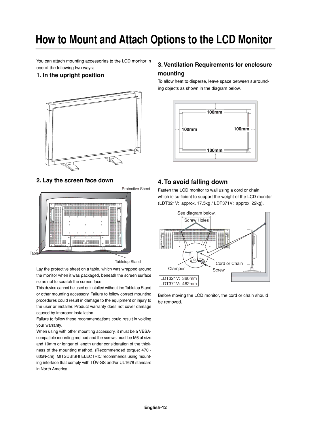 Mitsubishi Electronics LDT37IV Upright position Lay the screen face down, Ventilation Requirements for enclosure mounting 