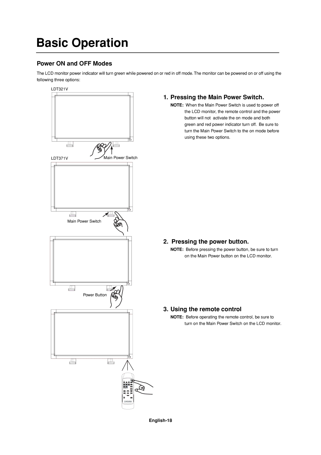 Mitsubishi Electronics LDT37IV, LDT32IV manual Basic Operation, Power on and OFF Modes, Pressing the Main Power Switch 