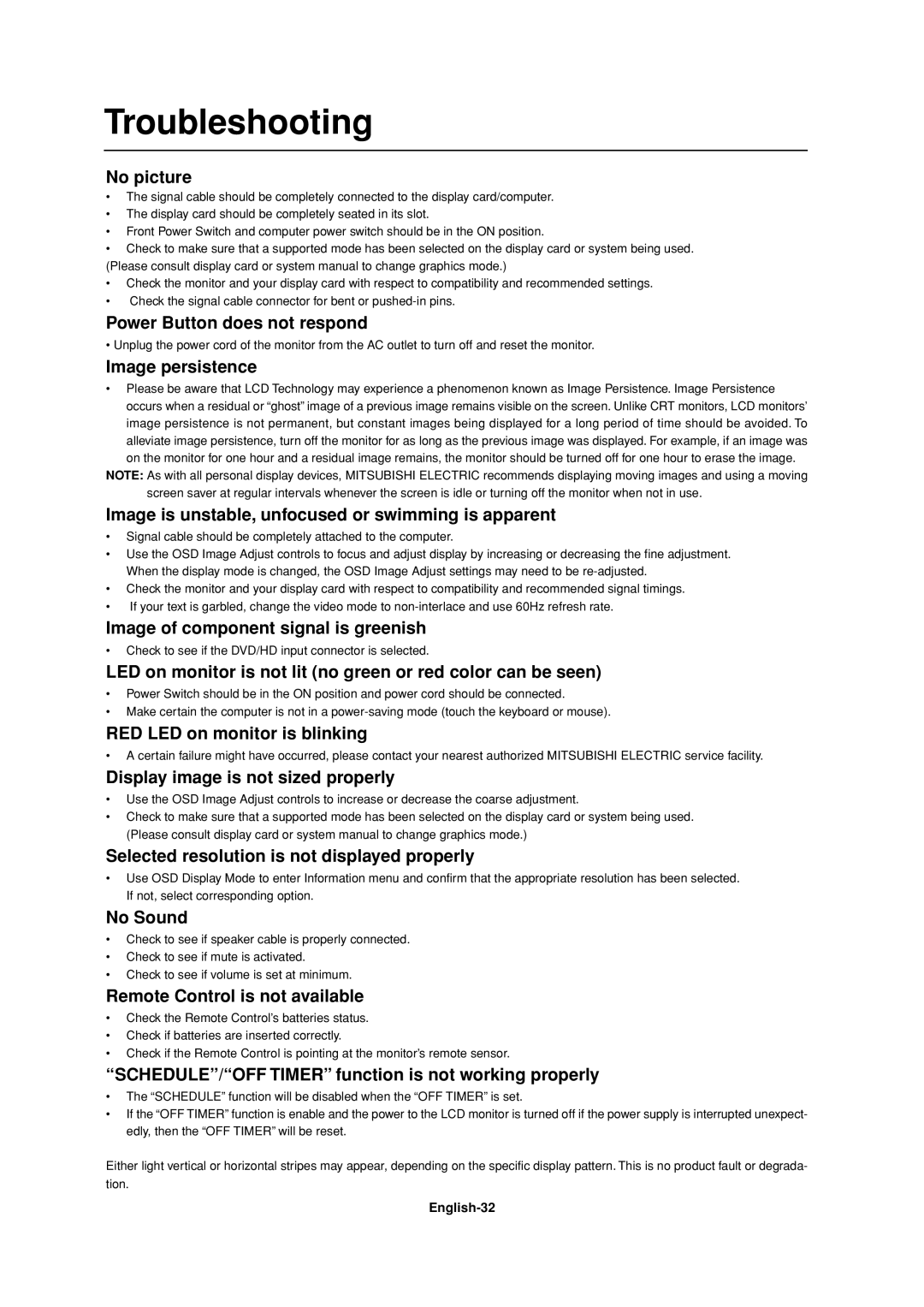 Mitsubishi Electronics LDT37IV, LDT32IV manual Troubleshooting 