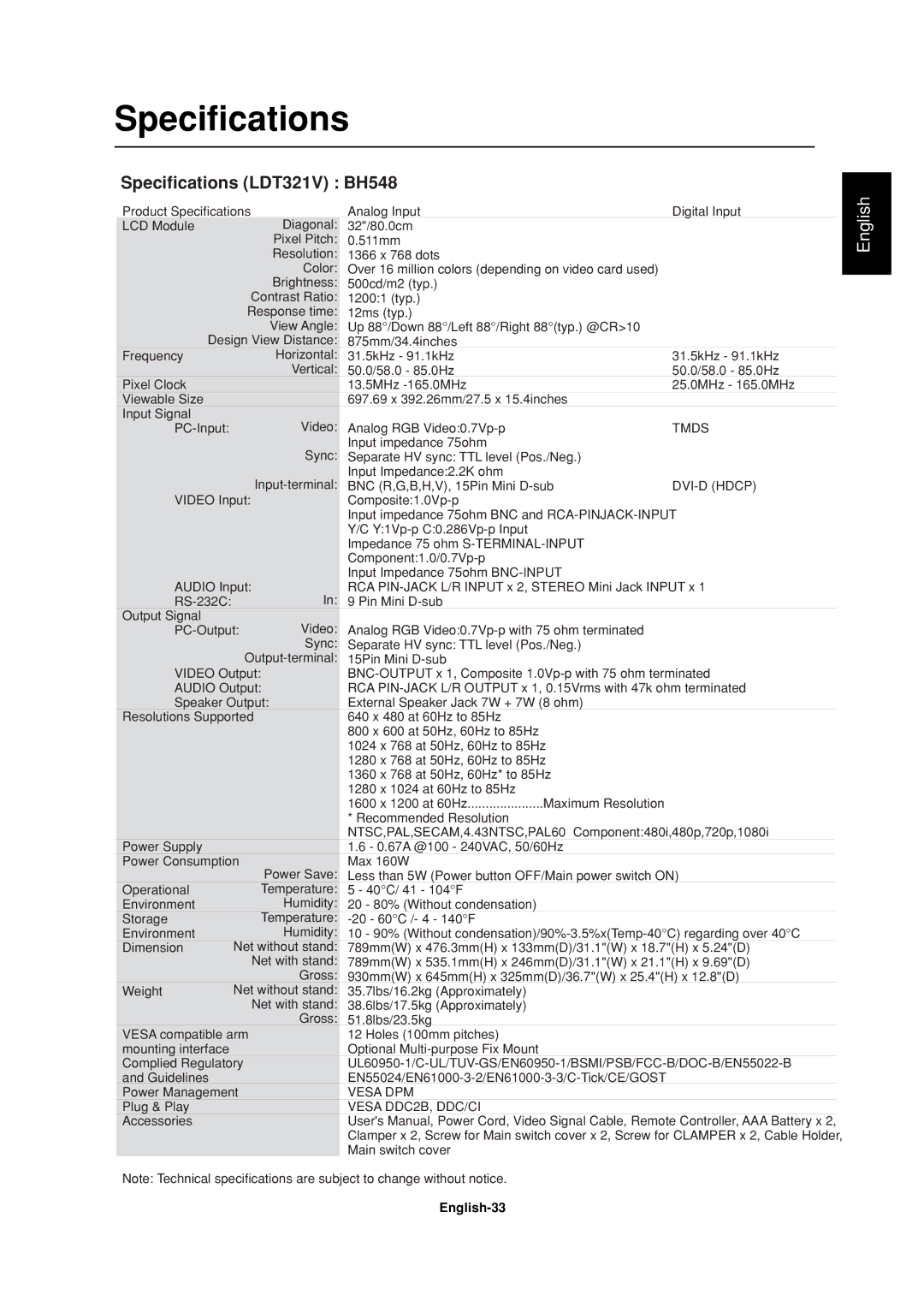 Mitsubishi Electronics LDT32IV, LDT37IV manual Specifications, English-33 