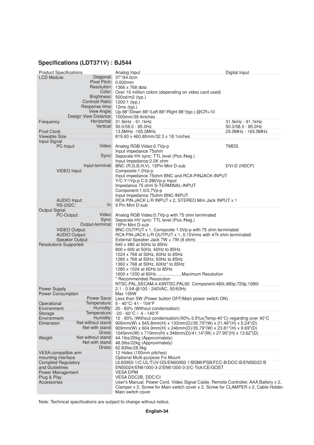 Mitsubishi Electronics LDT37IV, LDT32IV manual Specifications LDT371V BJ544, English-34 