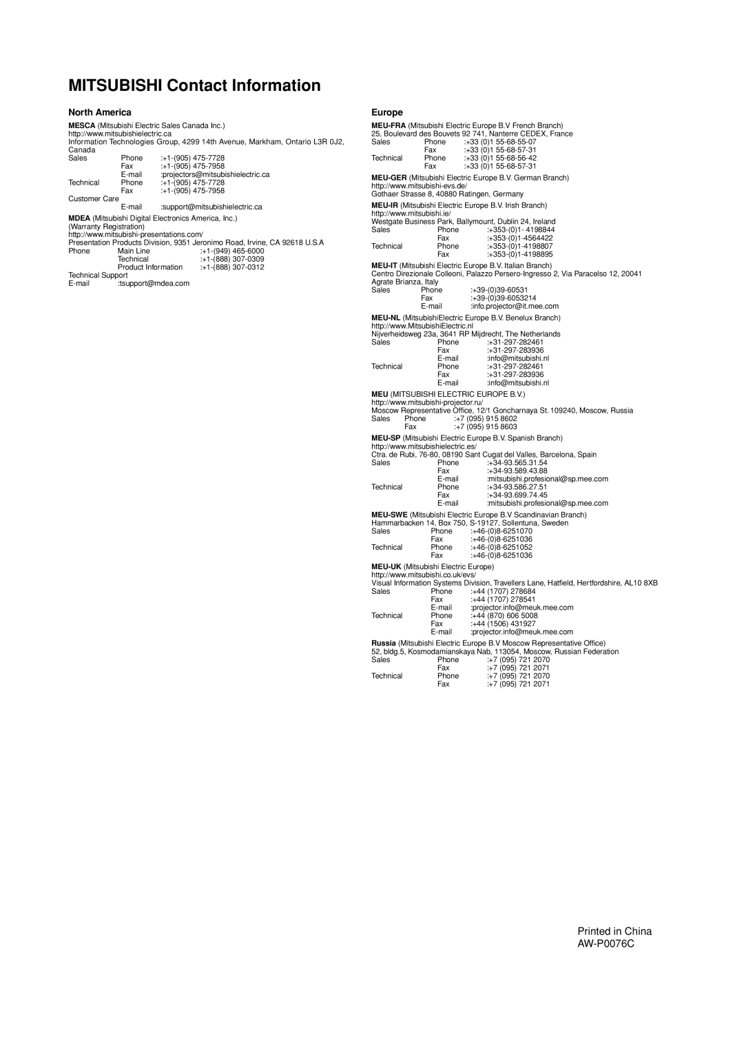 Mitsubishi Electronics LDT37IV, LDT32IV manual Mitsubishi Contact Information 