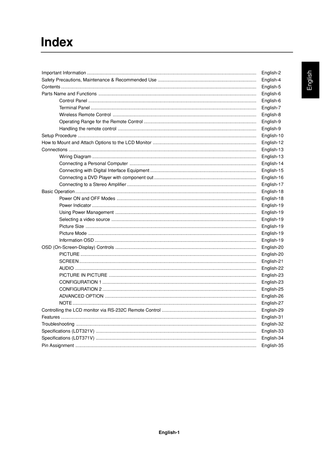 Mitsubishi Electronics LDT32IV, LDT37IV manual Index, English-1 