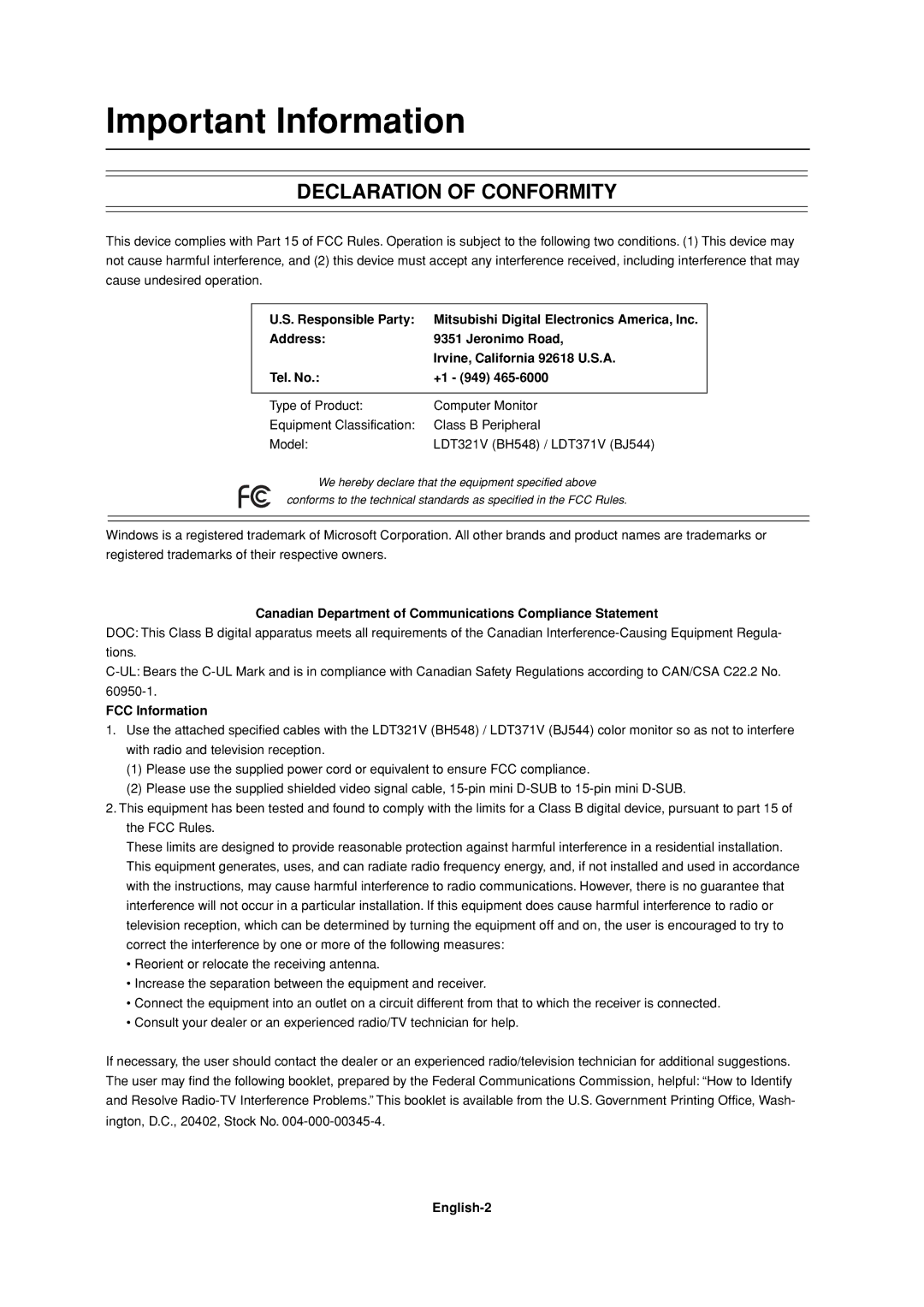 Mitsubishi Electronics LDT37IV, LDT32IV Important Information, Canadian Department of Communications Compliance Statement 