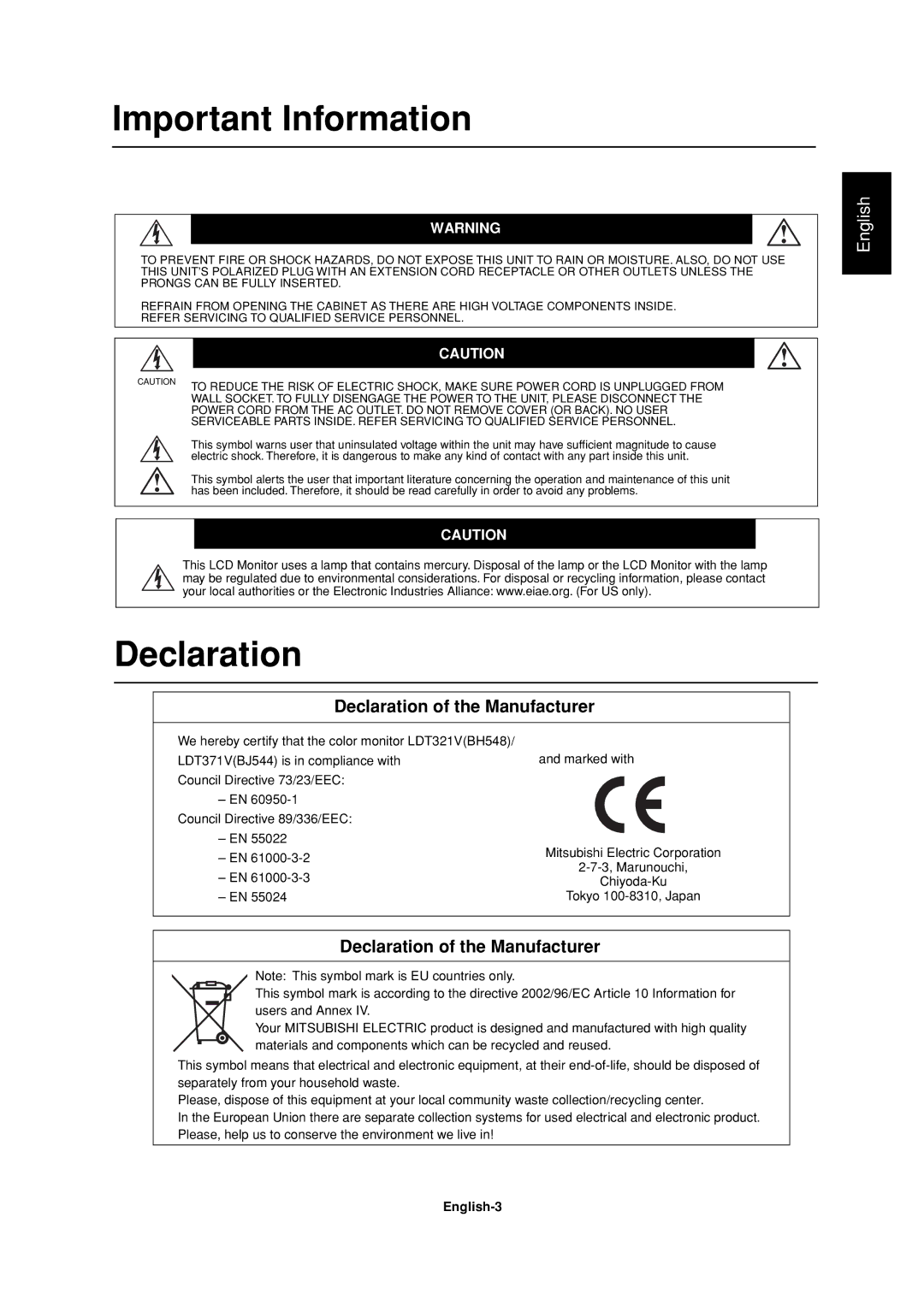 Mitsubishi Electronics LDT32IV, LDT37IV manual Declaration of the Manufacturer, English-3 