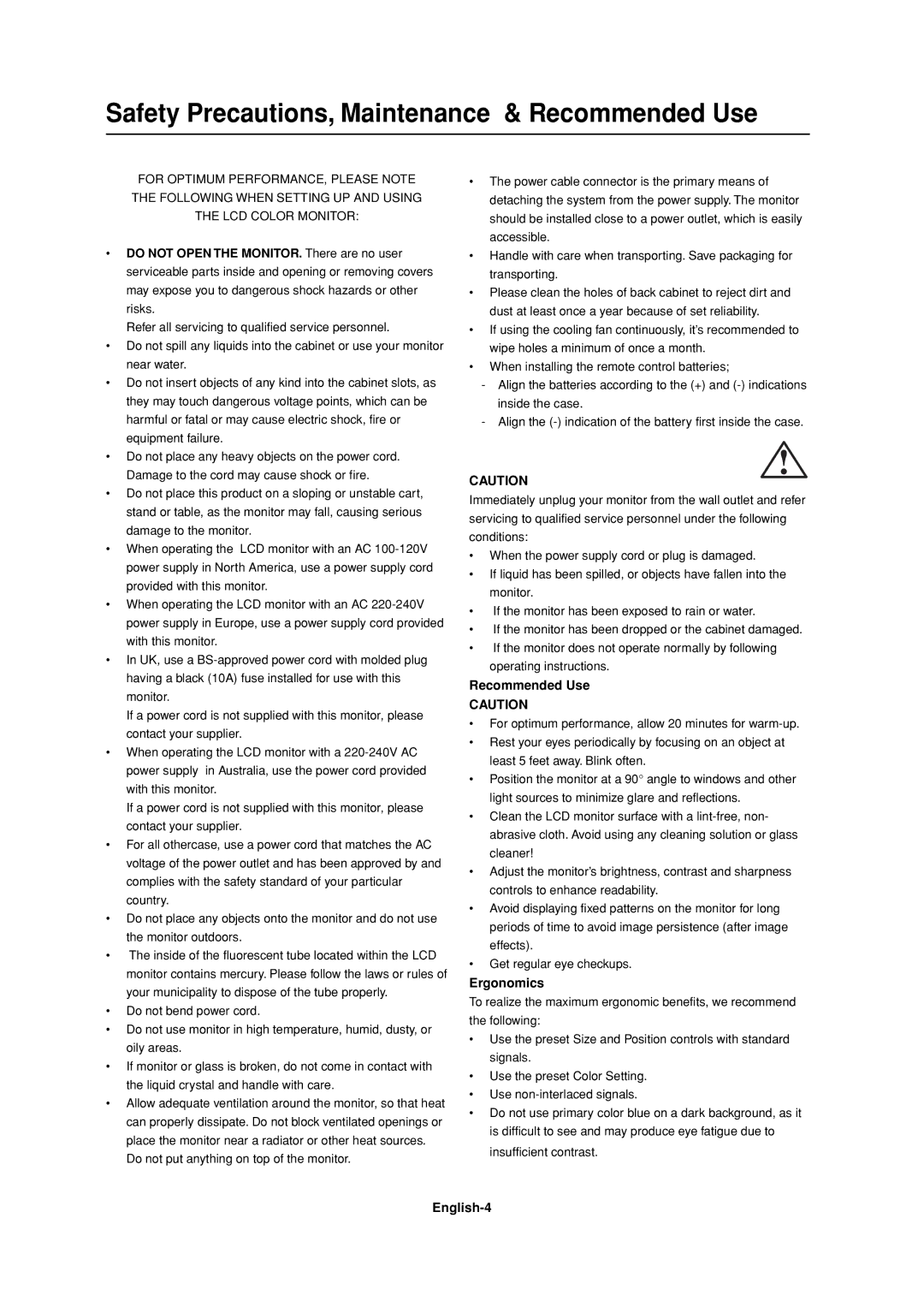 Mitsubishi Electronics LDT37IV, LDT32IV manual Recommended Use, Ergonomics, English-4 