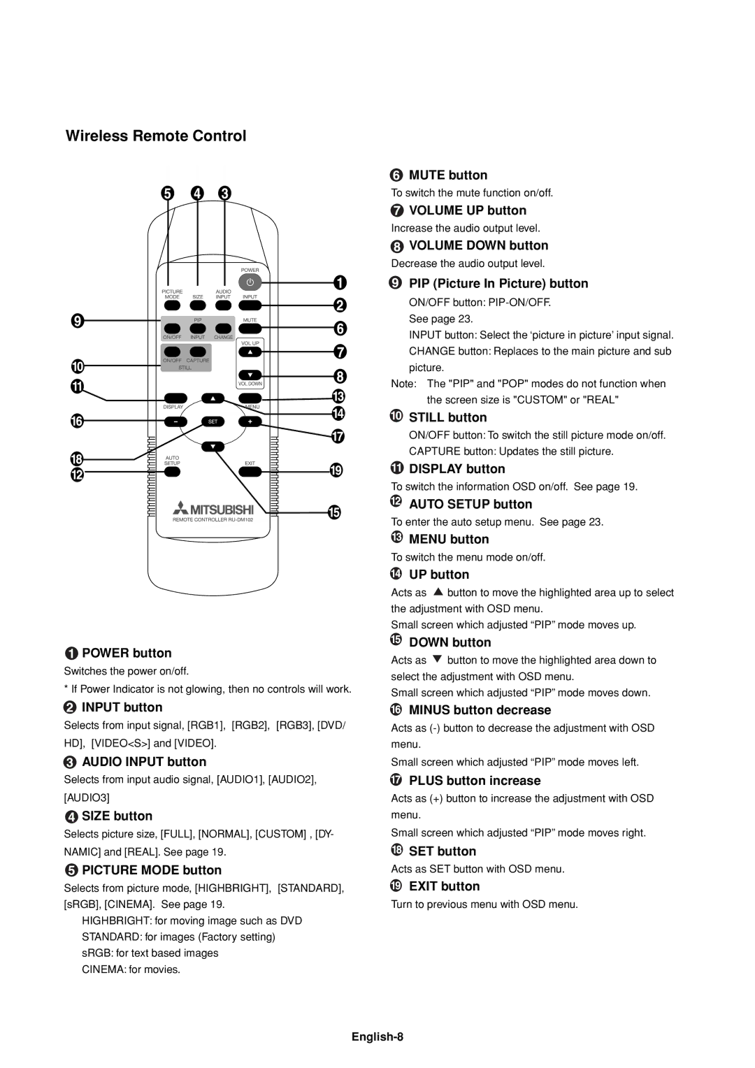 Mitsubishi Electronics LDT32IV (BH548), LDT37IV (BH544) manual Wireless Remote Control, English-8 