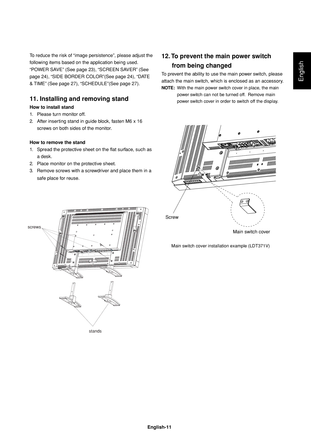 Mitsubishi Electronics LDT37IV (BH544) Installing and removing stand, To prevent the main power switch From being changed 