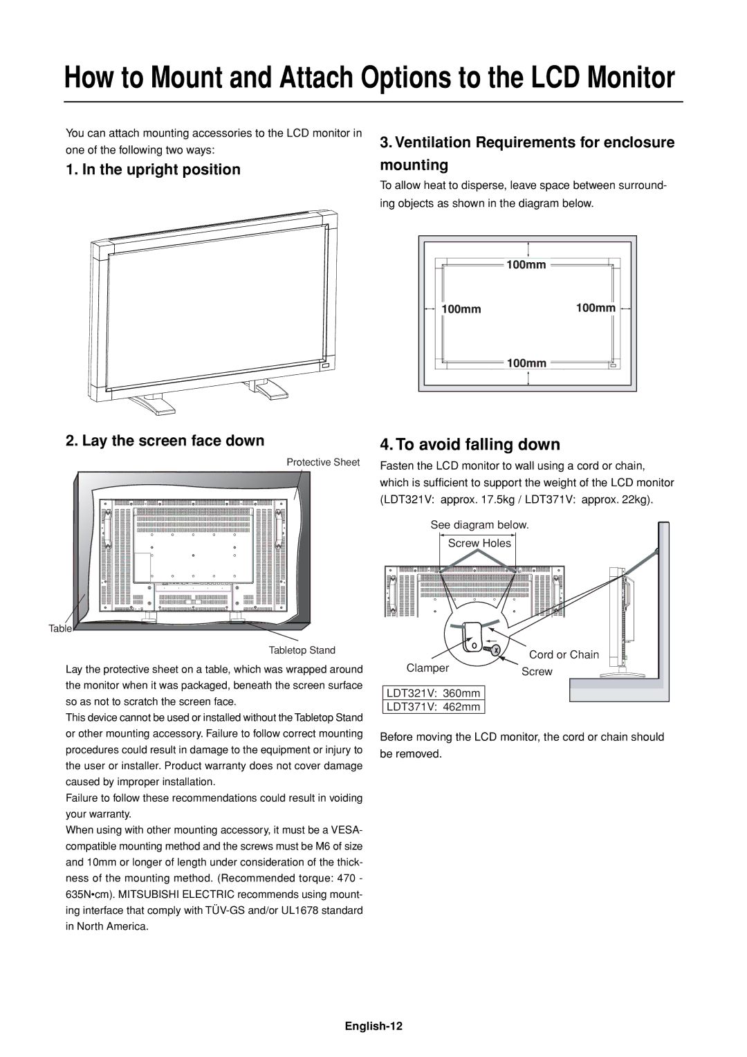 Mitsubishi Electronics LDT32IV (BH548), LDT37IV (BH544) manual Upright position Lay the screen face down, English-12 