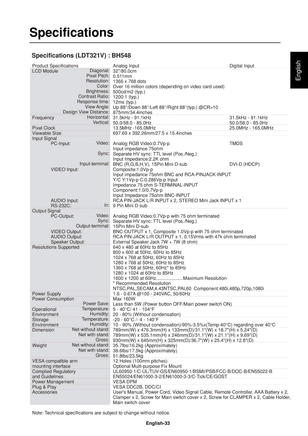 Mitsubishi Electronics LDT37IV (BH544), LDT32IV (BH548) manual Specifications, English-33 