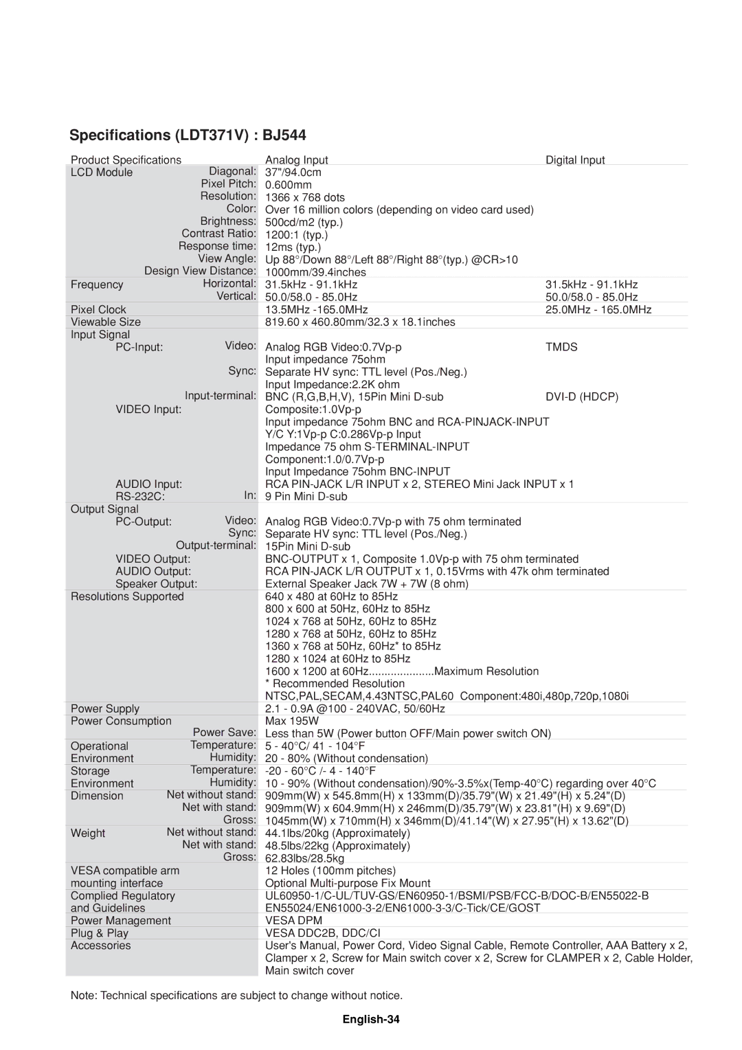 Mitsubishi Electronics LDT32IV (BH548), LDT37IV (BH544) manual Specifications LDT371V BJ544, English-34 