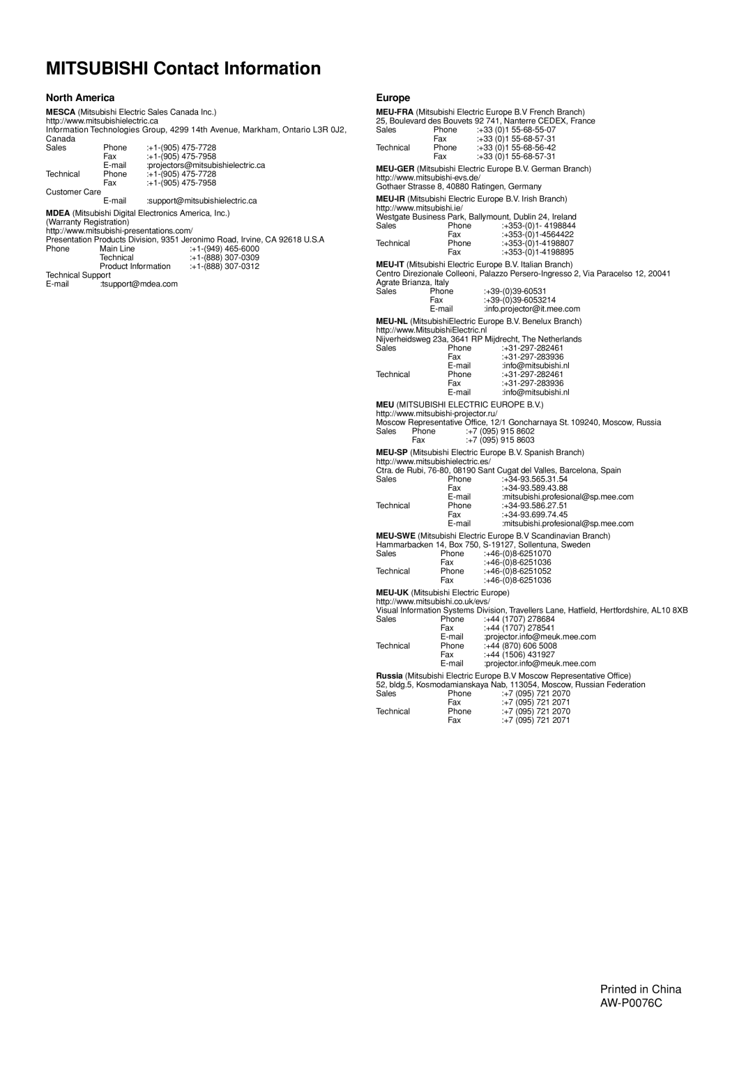 Mitsubishi Electronics LDT32IV (BH548), LDT37IV (BH544) manual Mitsubishi Contact Information 