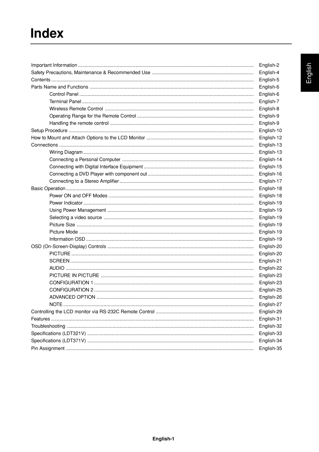 Mitsubishi Electronics LDT37IV (BH544), LDT32IV (BH548) manual Index, English-1 