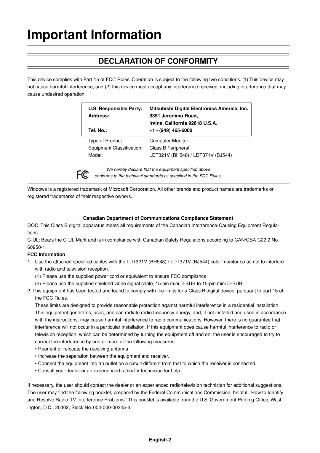 Mitsubishi Electronics LDT32IV (BH548) Important Information, Canadian Department of Communications Compliance Statement 